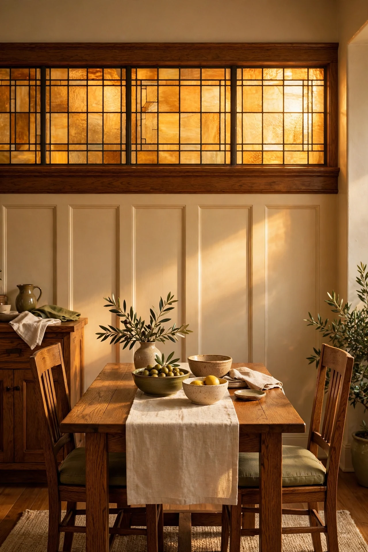 Amber stained glass inlays glowing above an oak chair rail