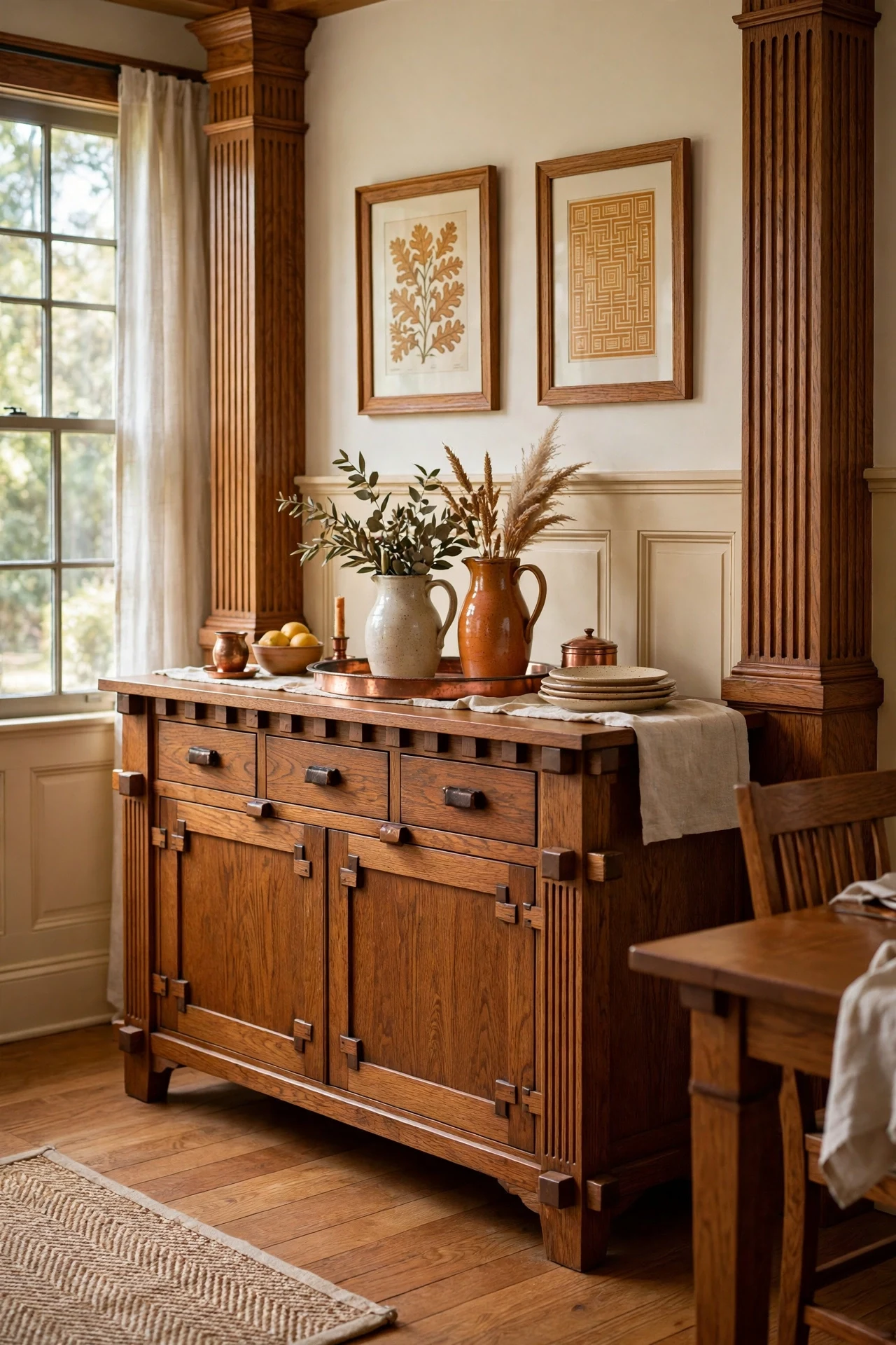 Mission oak sideboard framed by panelled wainscoting