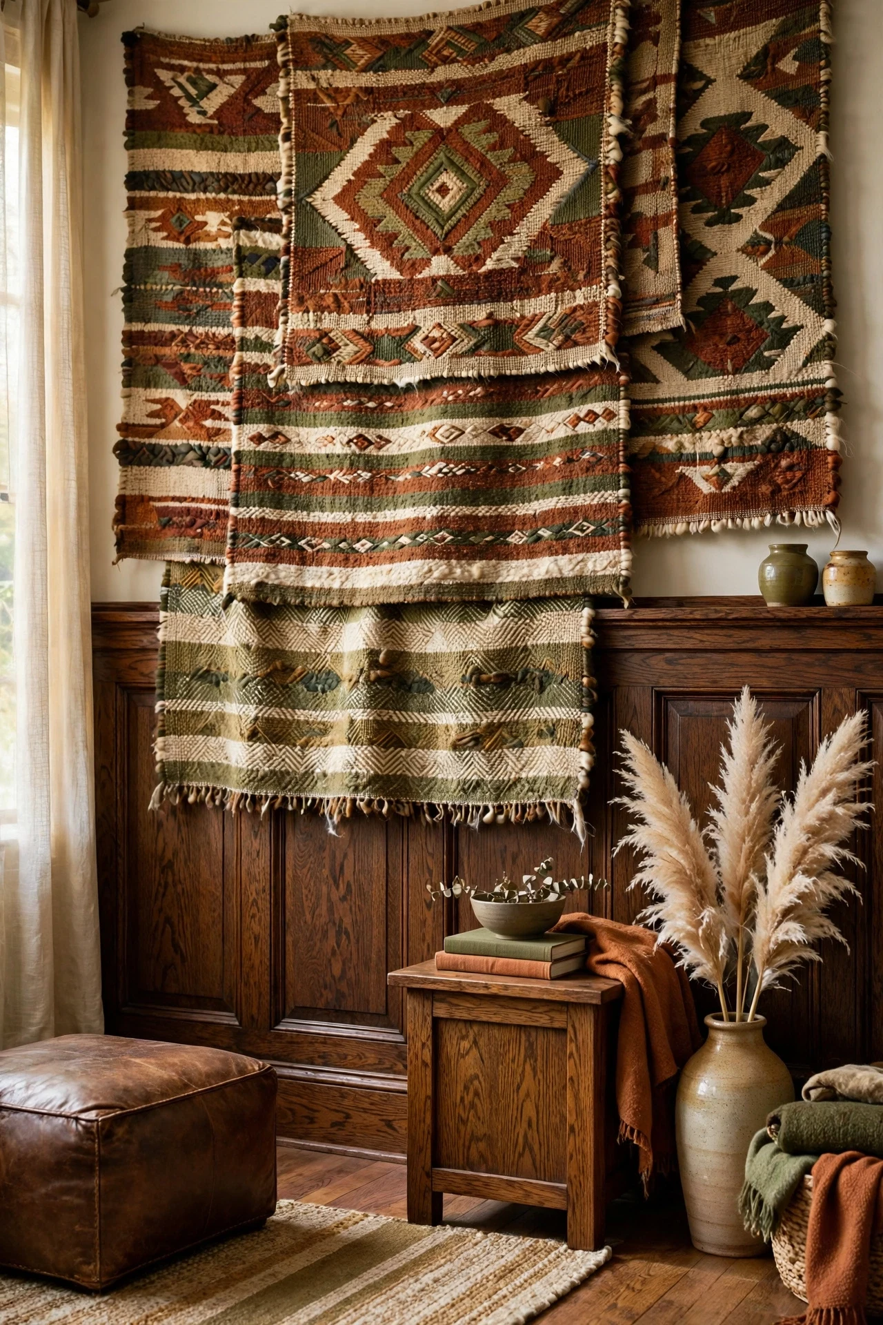 Wool tapestries layered over dark oak wainscoting