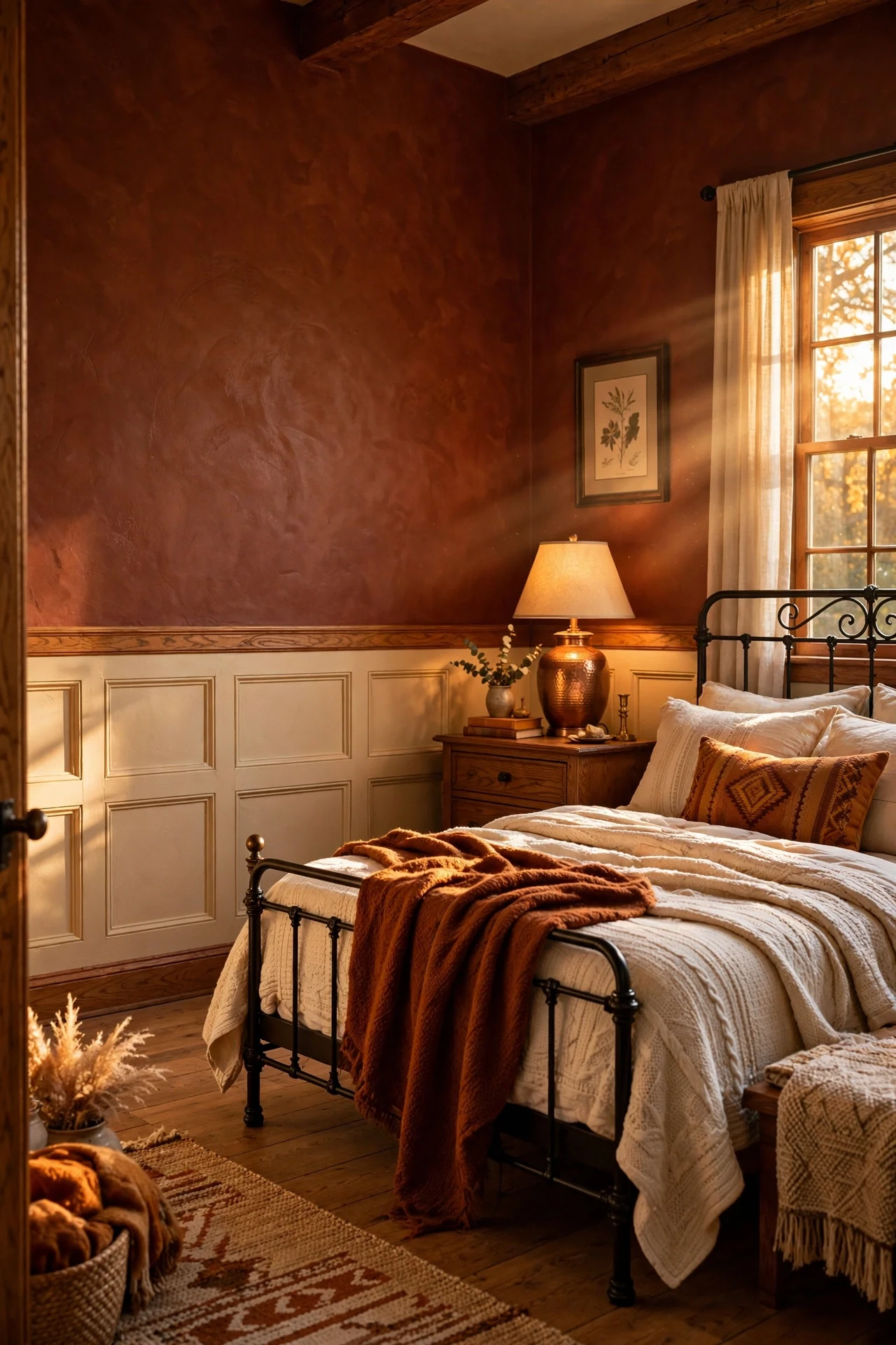 Deep rust walls above warm cream craftsman wainscoting