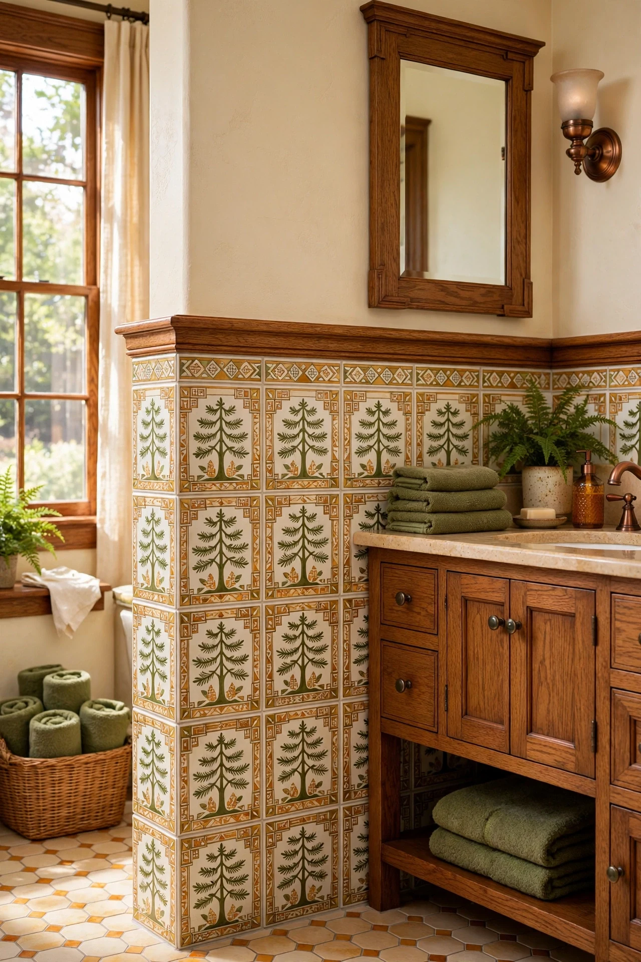 Hand-painted tile wainscoting with craftsman motifs