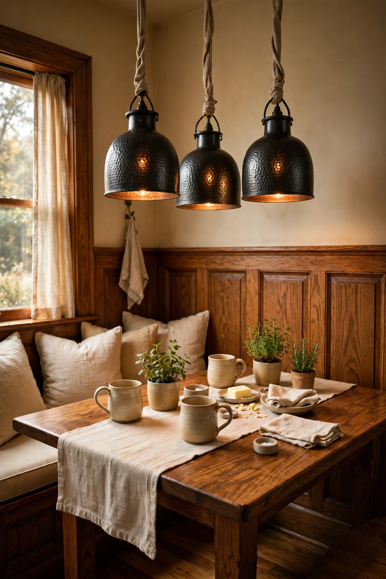 Hammered iron pendants over a wainscoted breakfast nook
