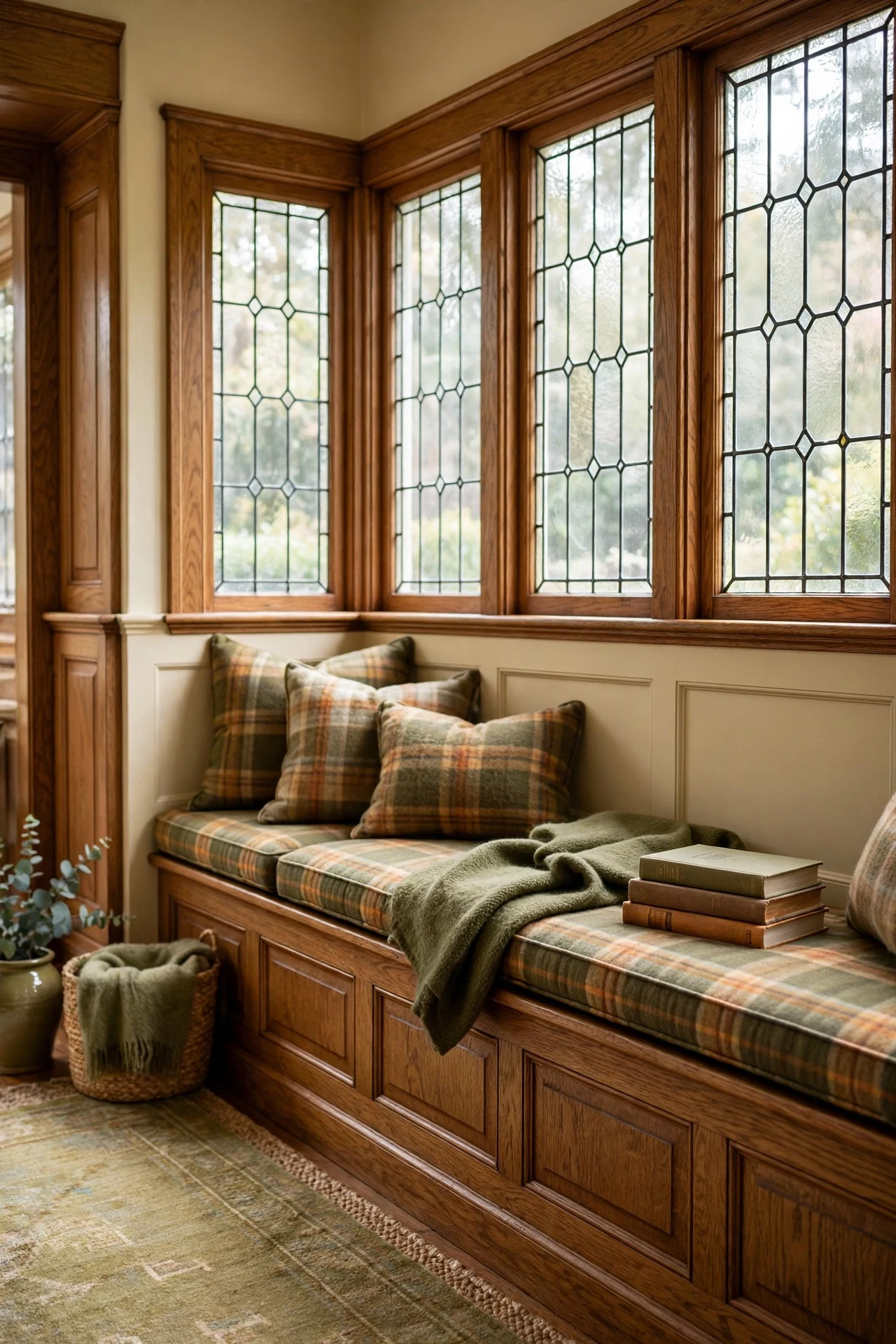 Built-in oak window seat wrapped in wainscoting