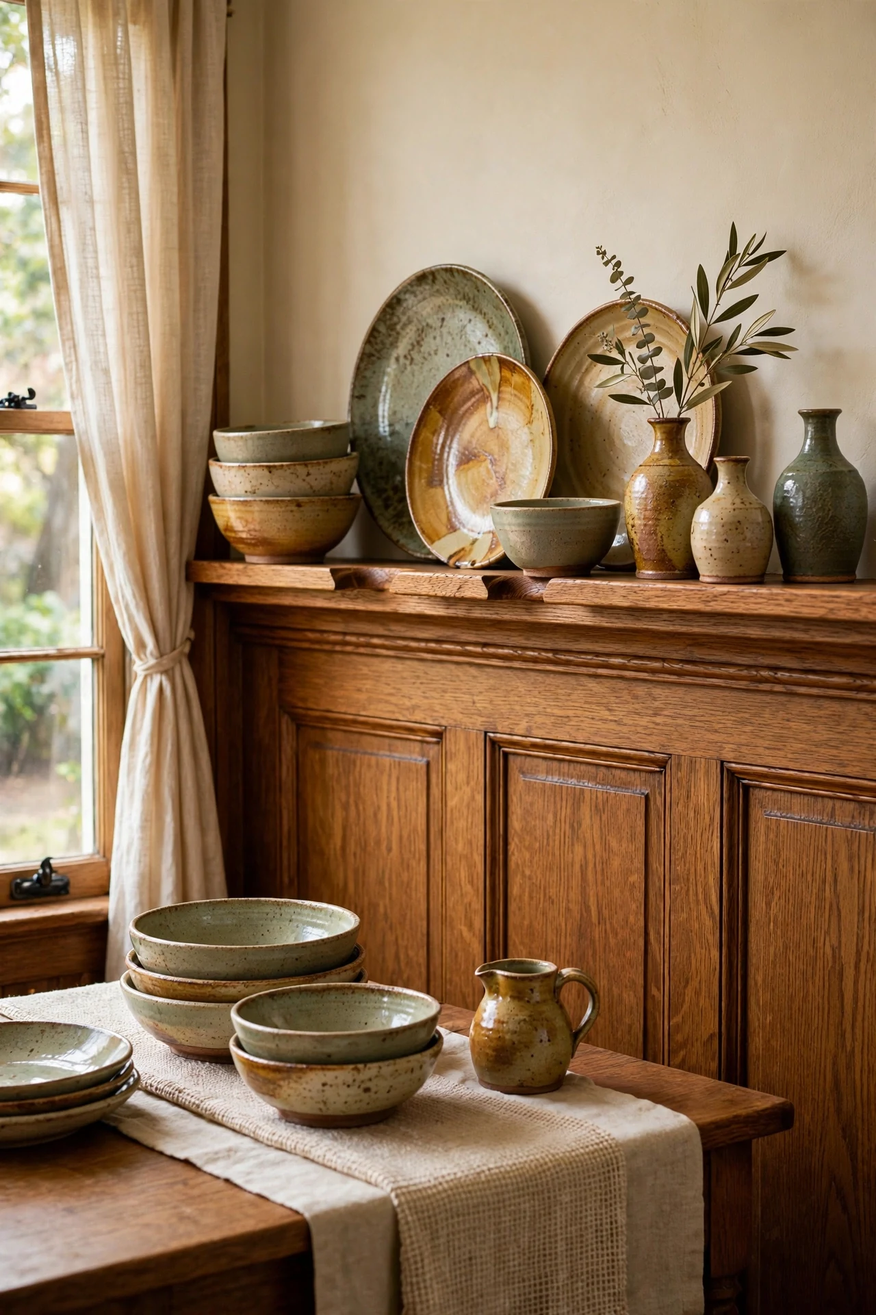 Hand-thrown ceramics on a wainscoted oak plate shelf