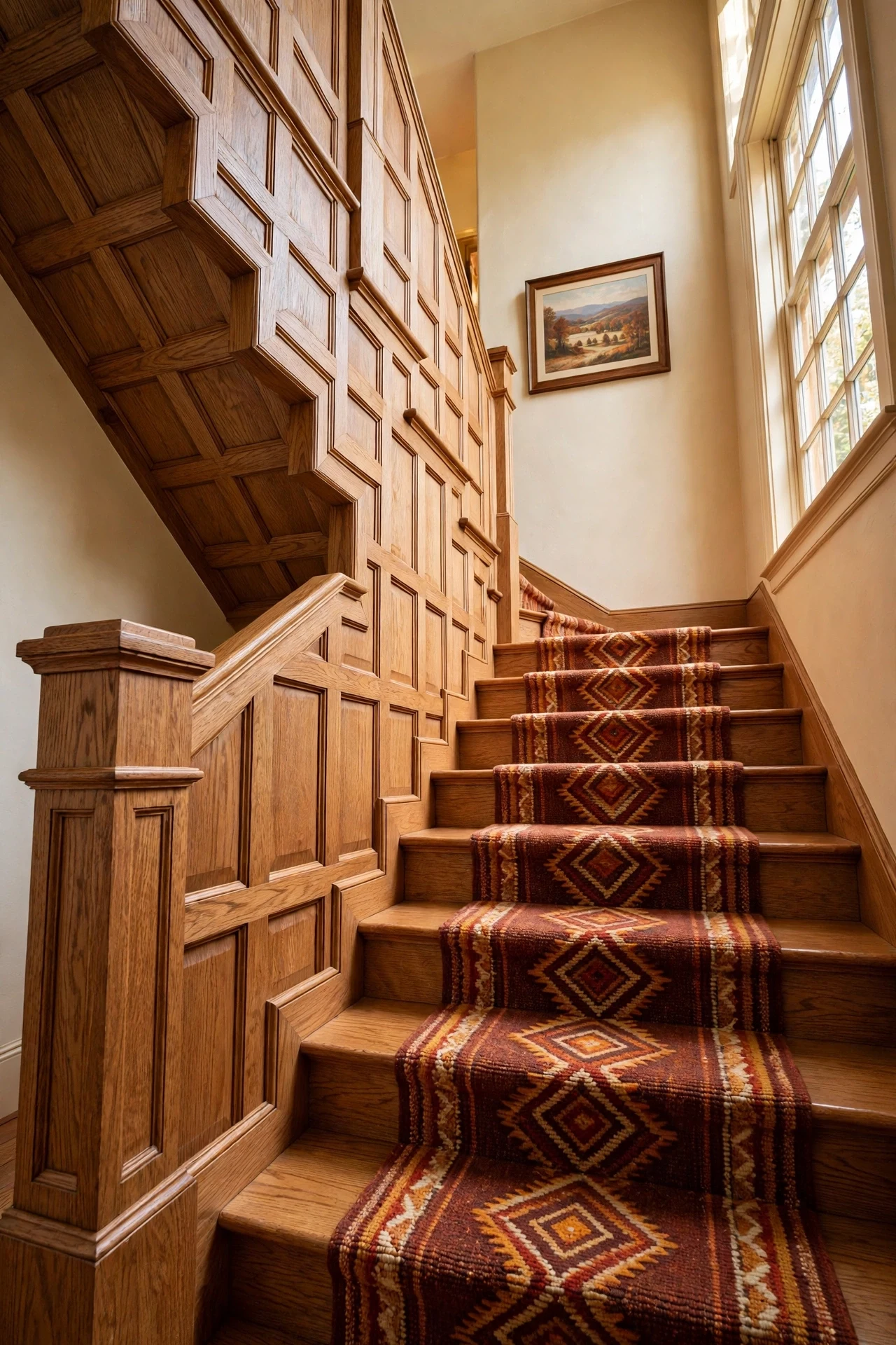 Oak staircase wainscoting stepping up with the treads