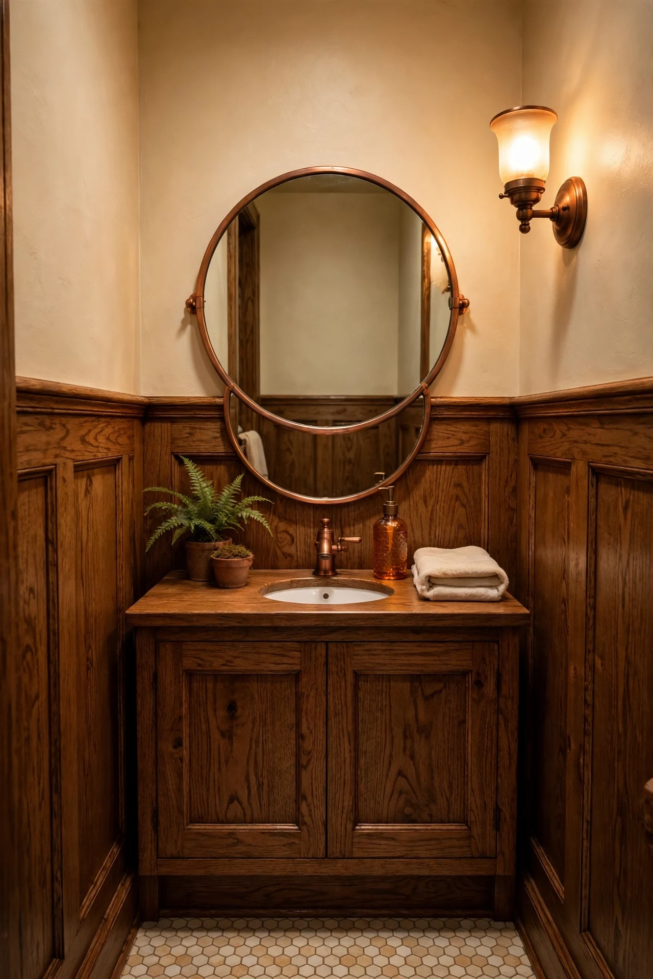 Half-height oak wainscoting in a tiny powder room