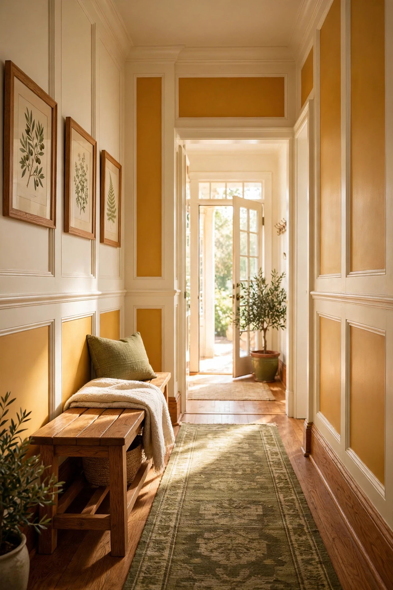 Amber gold inset panels on cream craftsman wainscoting