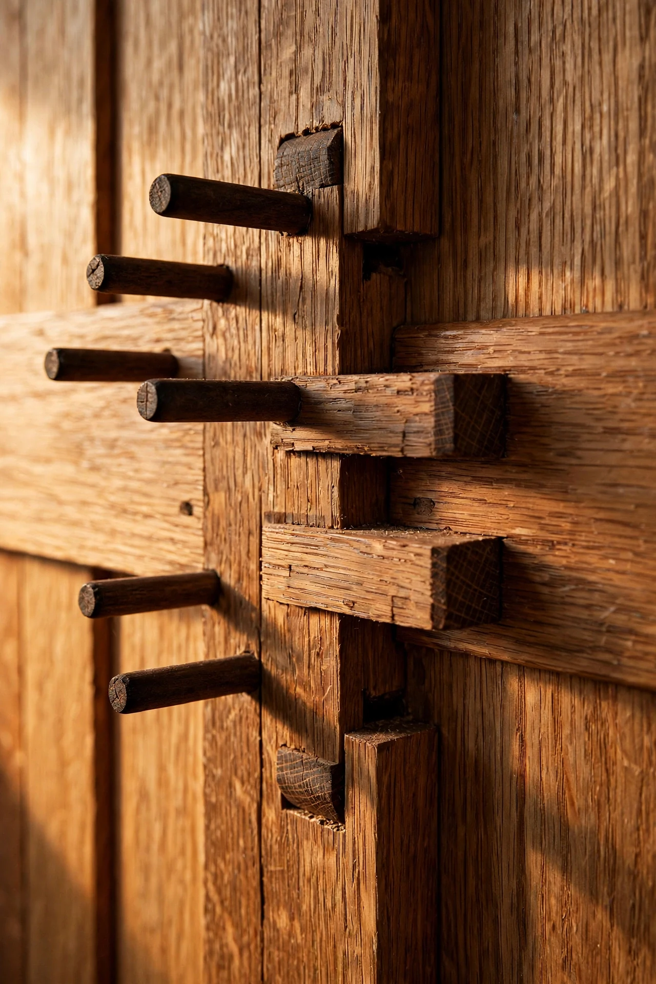 Pegged mortise and tenon joints in oak wainscoting