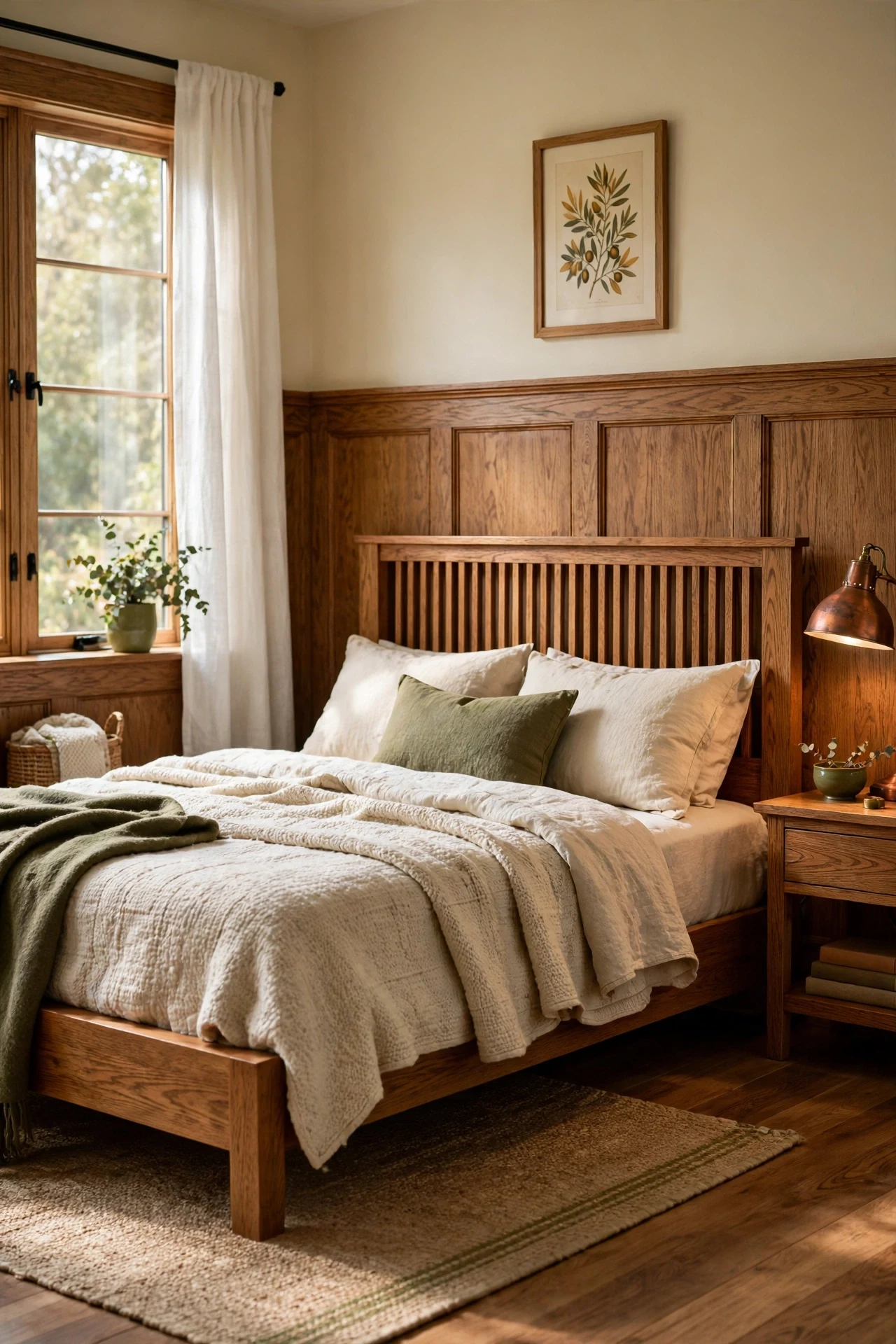 Low mission oak bed against a wainscoted headboard wall