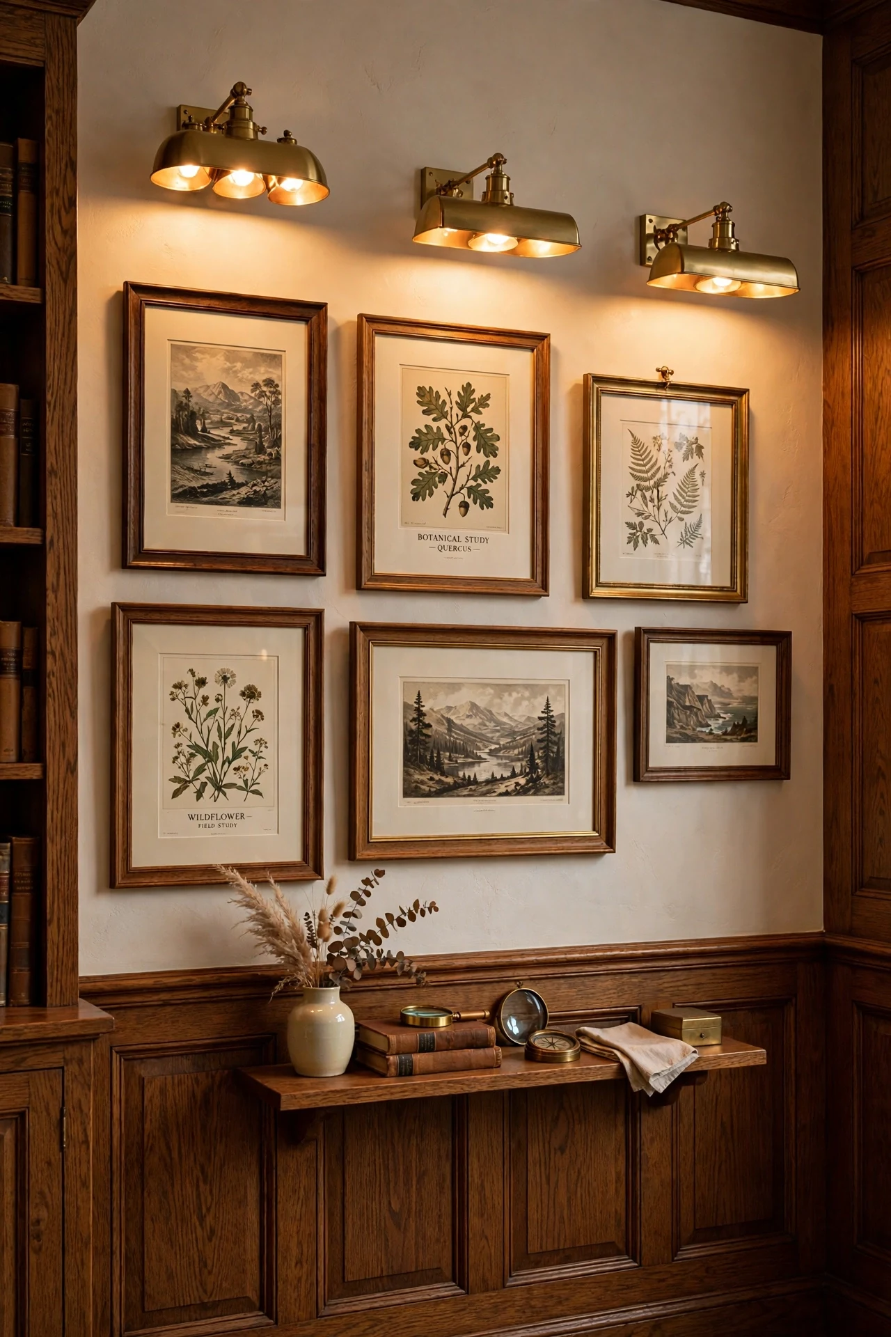 Brass picture lights washing a wainscoted gallery wall