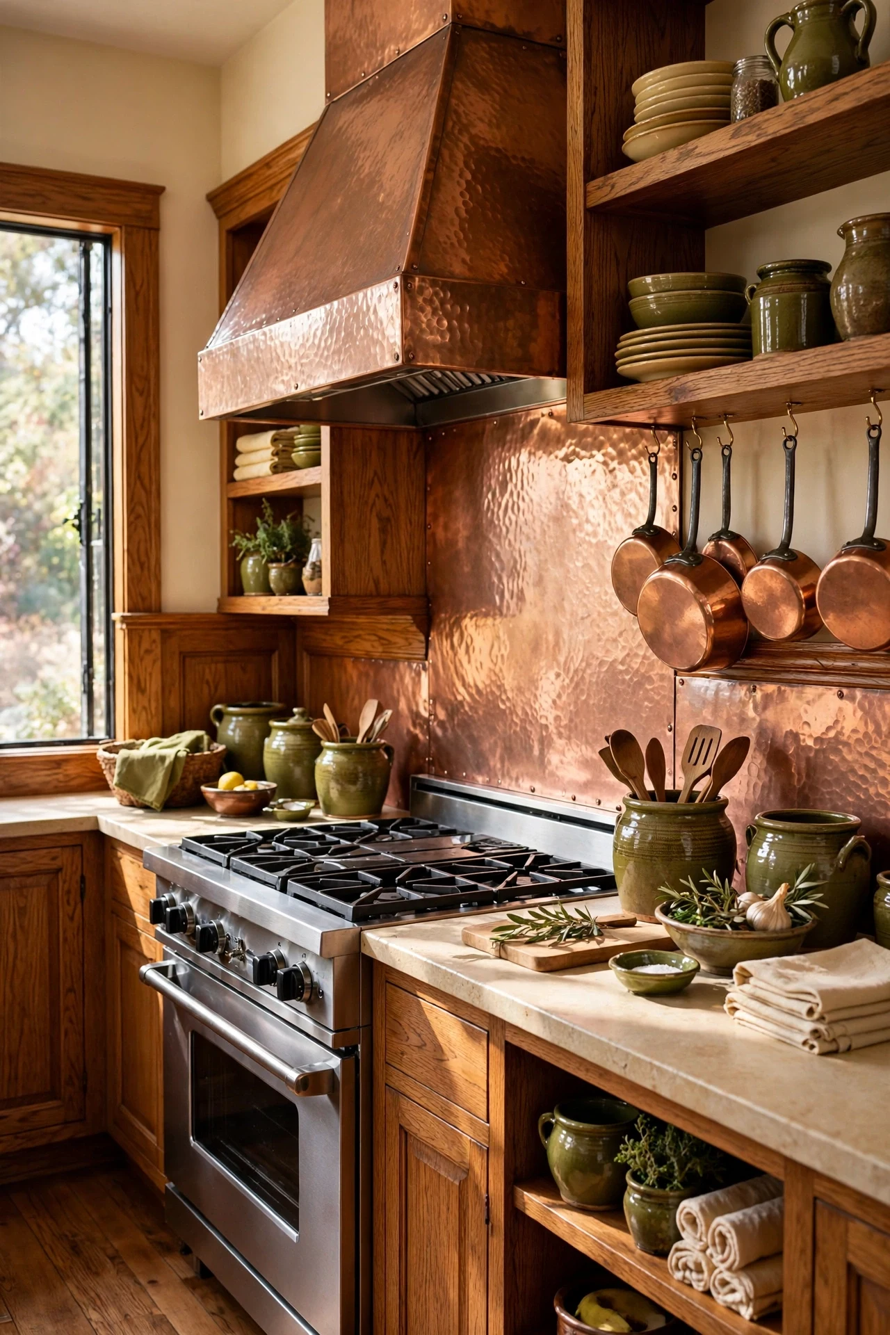 Copper backsplash with oak wainscoting in a craftsman kitchen