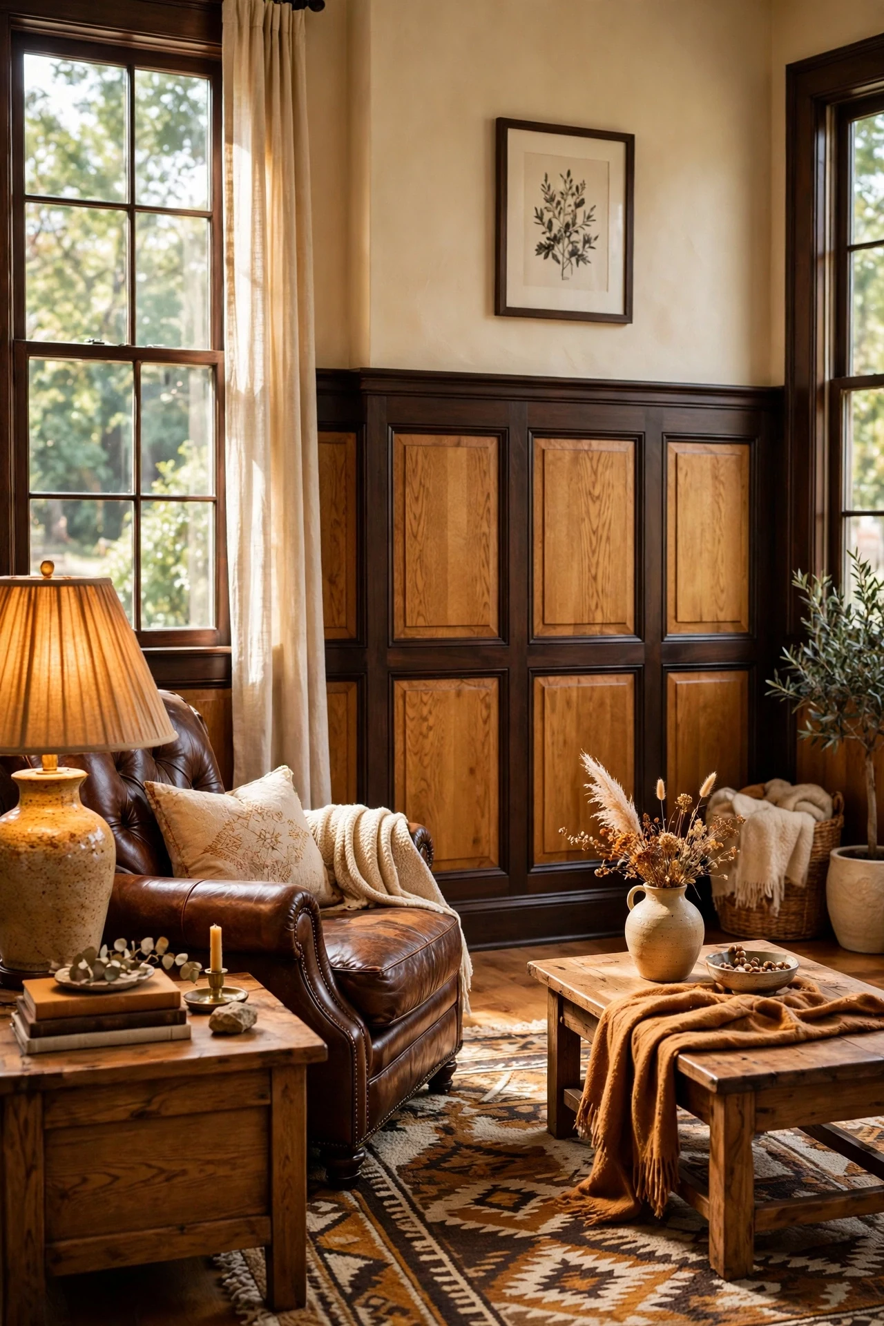 Two-tone stained craftsman wainscoting in dark and honey oak