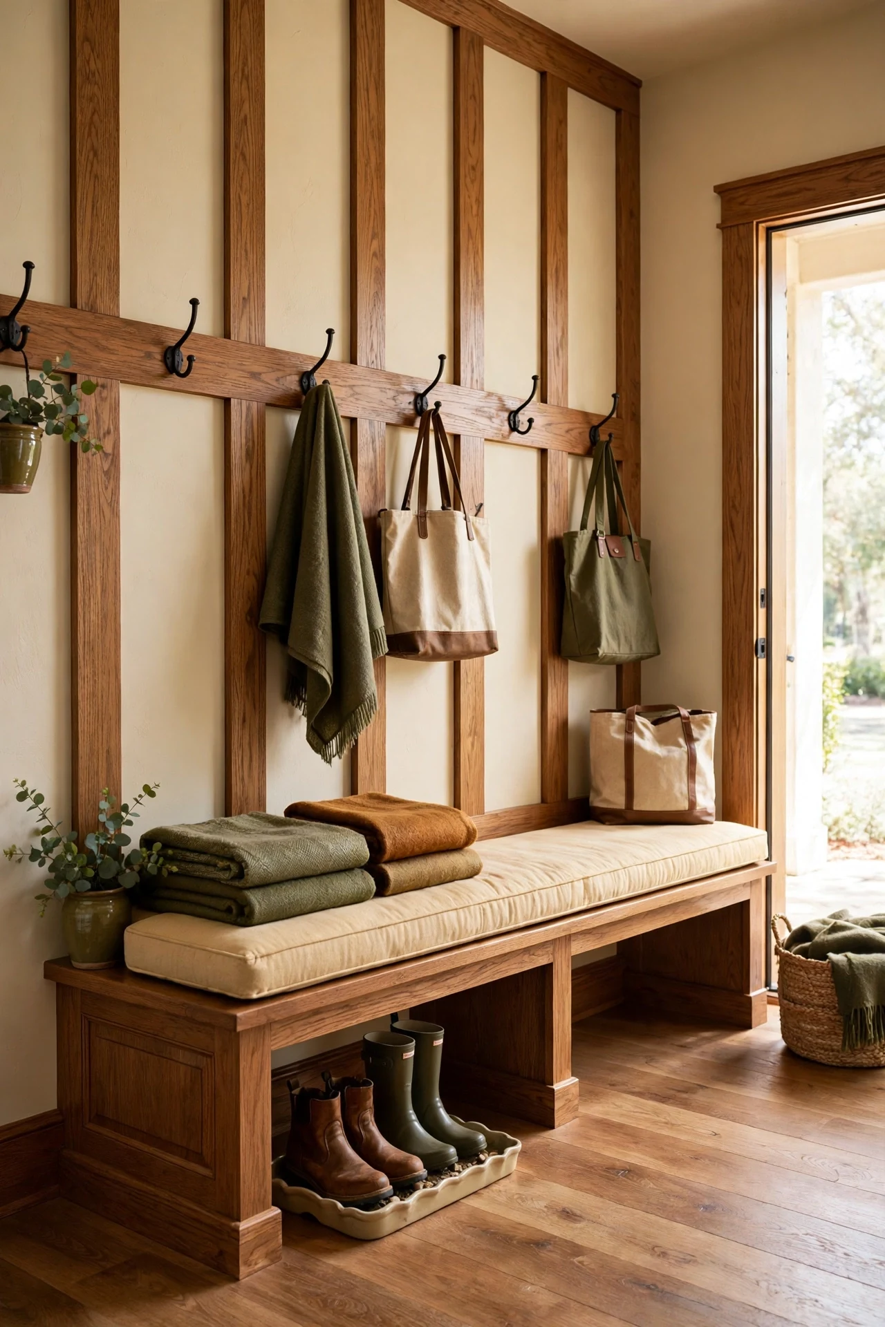 Board and batten oak wainscoting in a craftsman mudroom