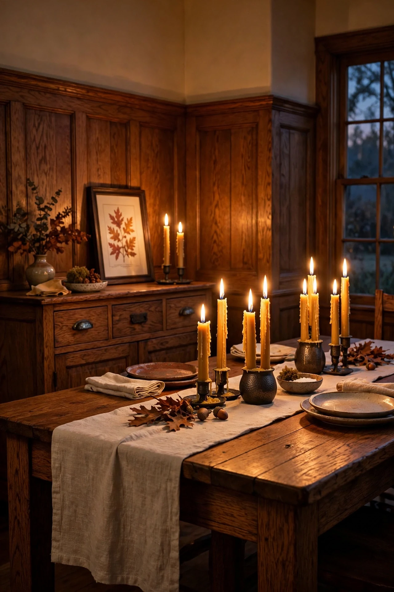 Candlelit dining room with oak wainscoting
