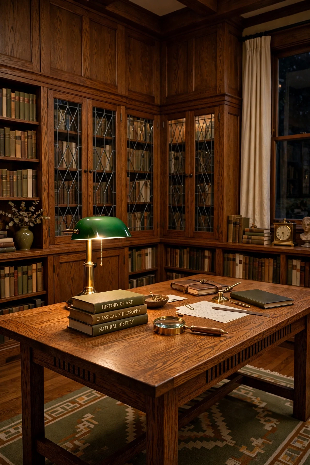 Oak library table in a panelled craftsman study