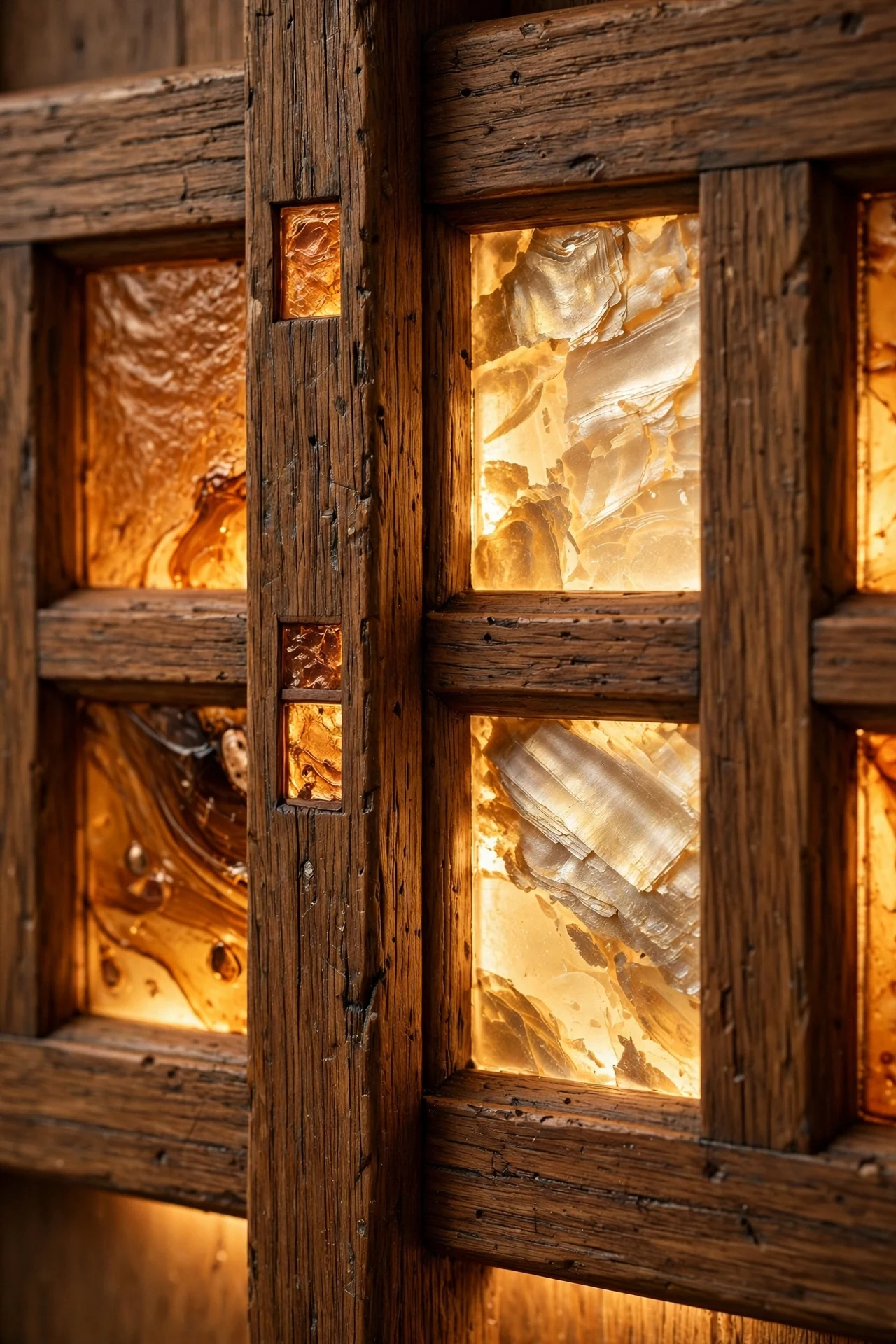 Mica and slag glass panels inset into oak wainscoting