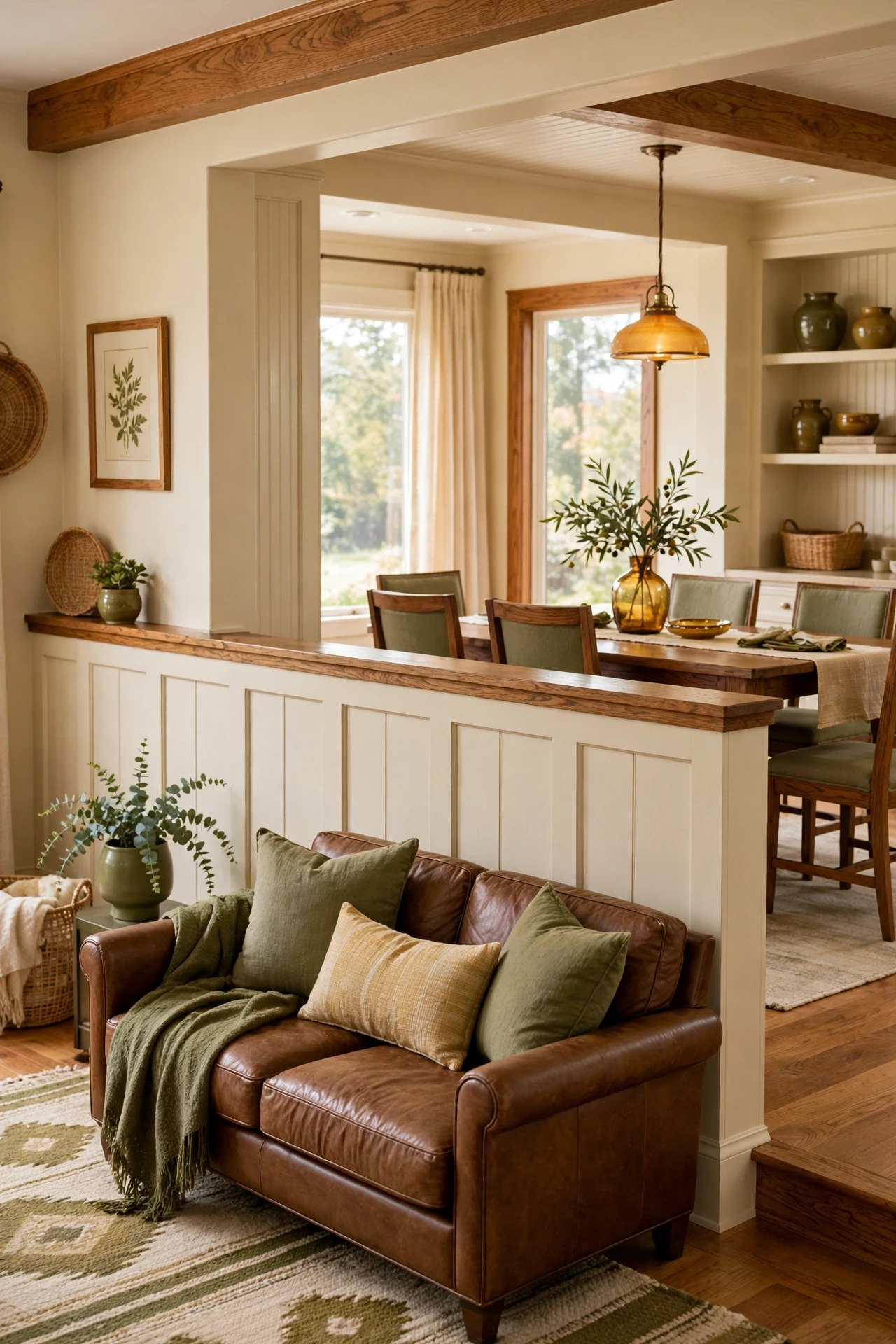 Wainscoted half wall dividing dining and living rooms