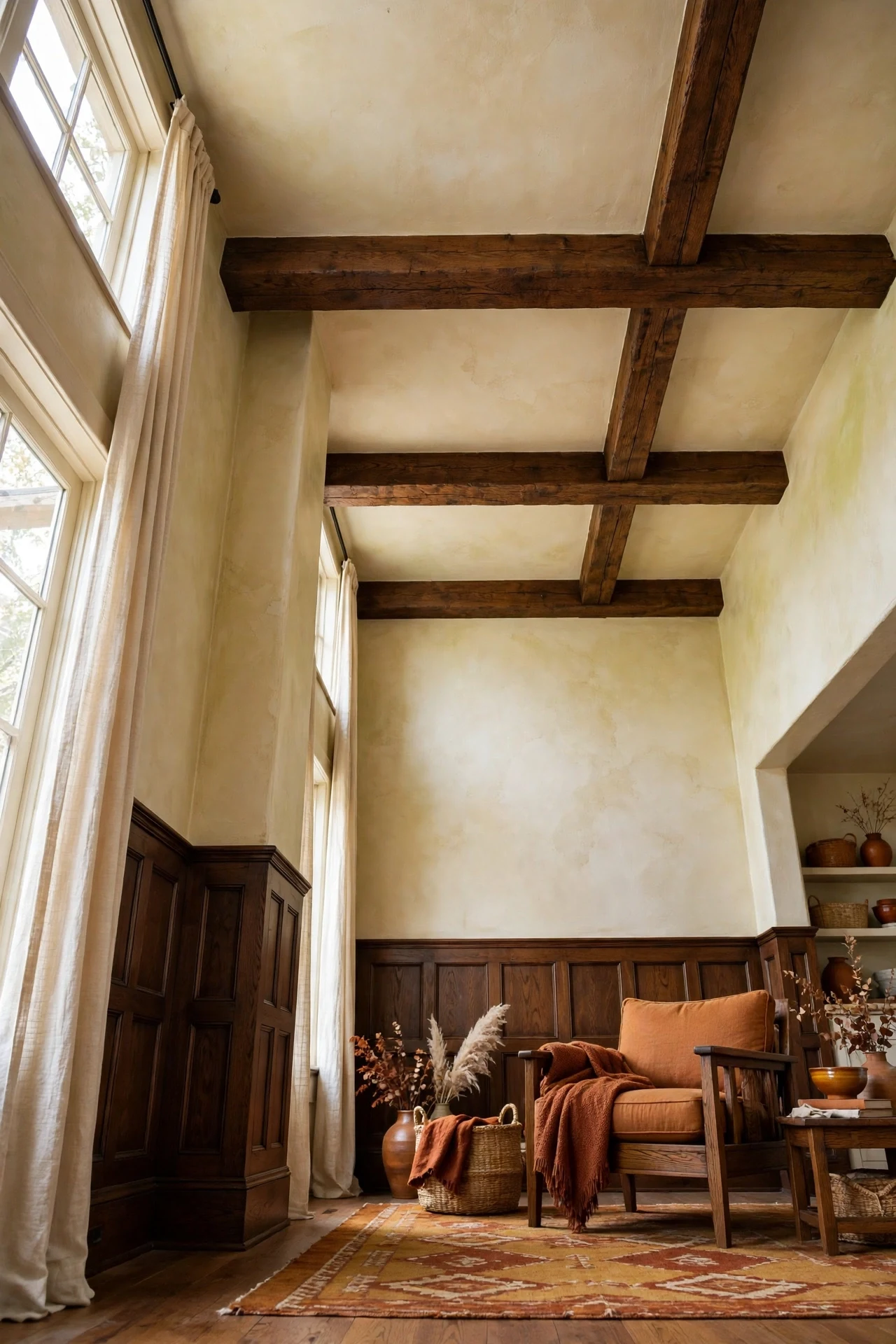 Mission brown wainscoting under a cream plaster ceiling