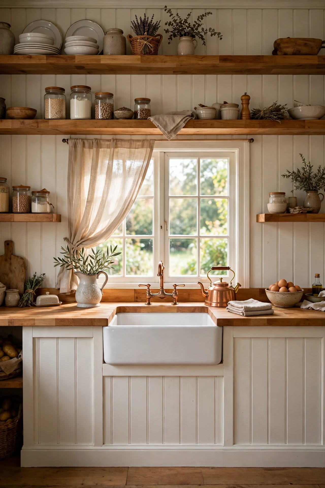 Warm white farmhouse wainscoting in a cozy kitchen with apron sink and butcher-block counters