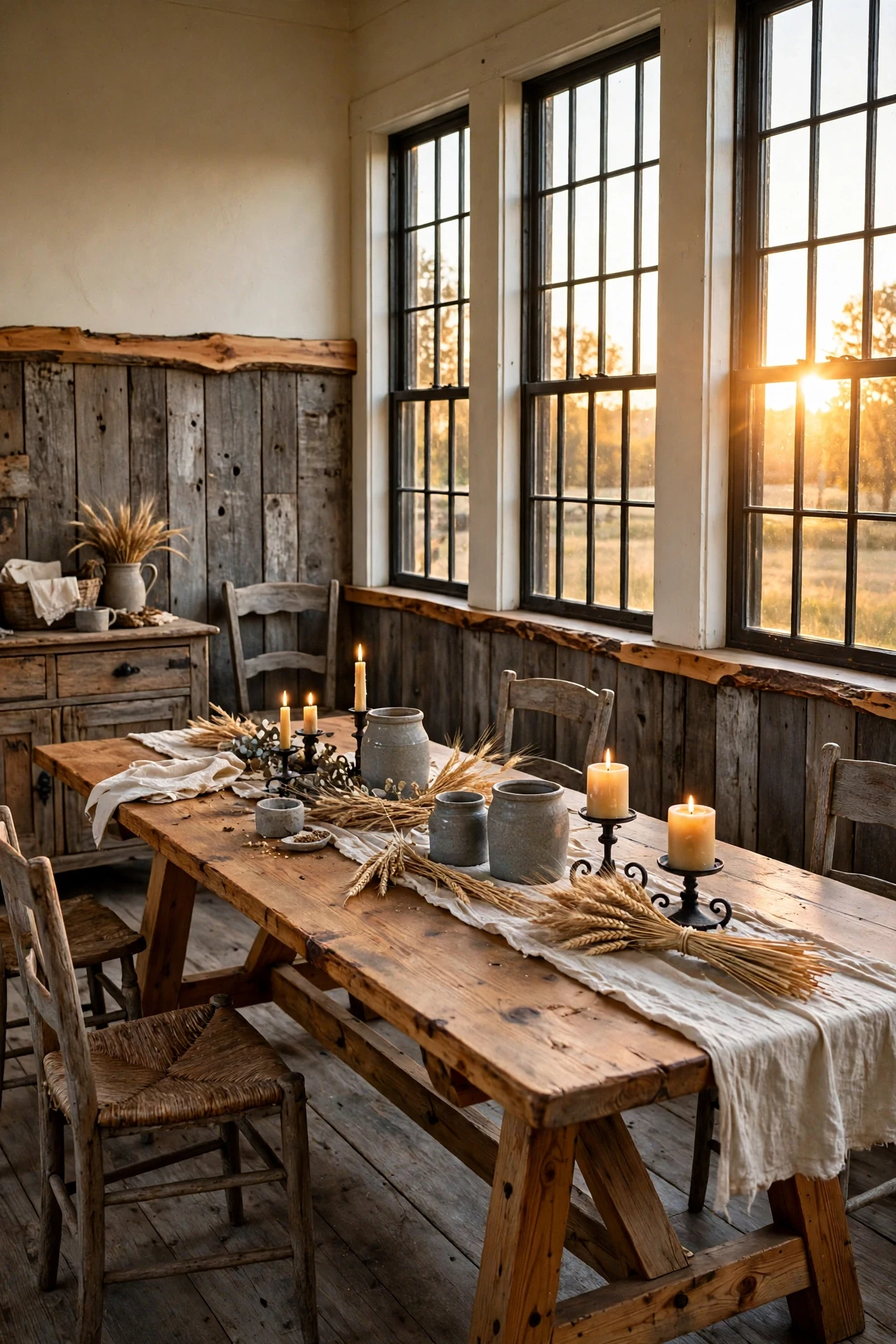 Reclaimed barn wood farmhouse wainscoting in a dining room with a pine trestle table