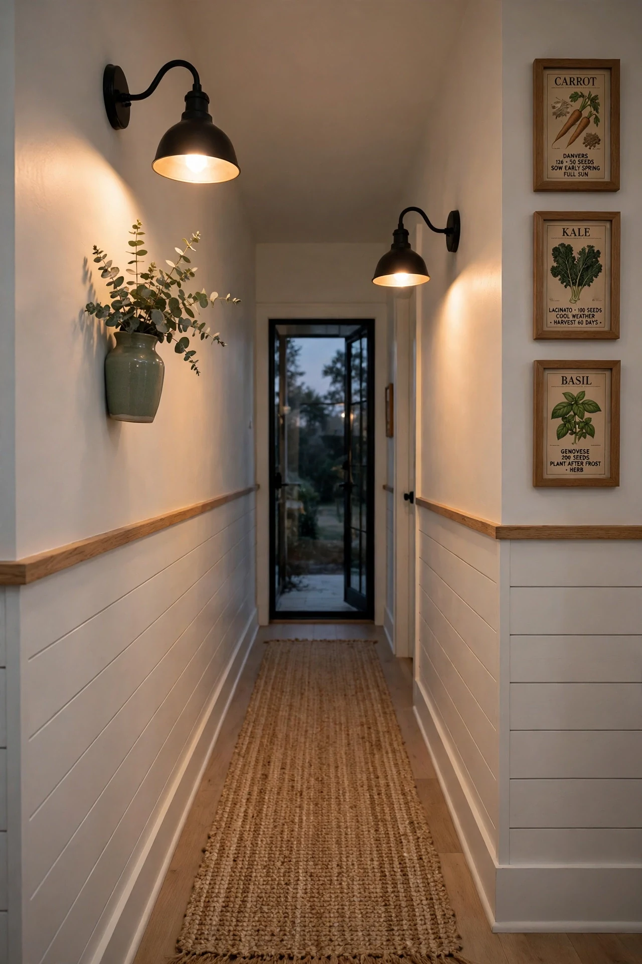 Sconce-lit shiplap farmhouse wainscoting in a hallway with black gooseneck lights