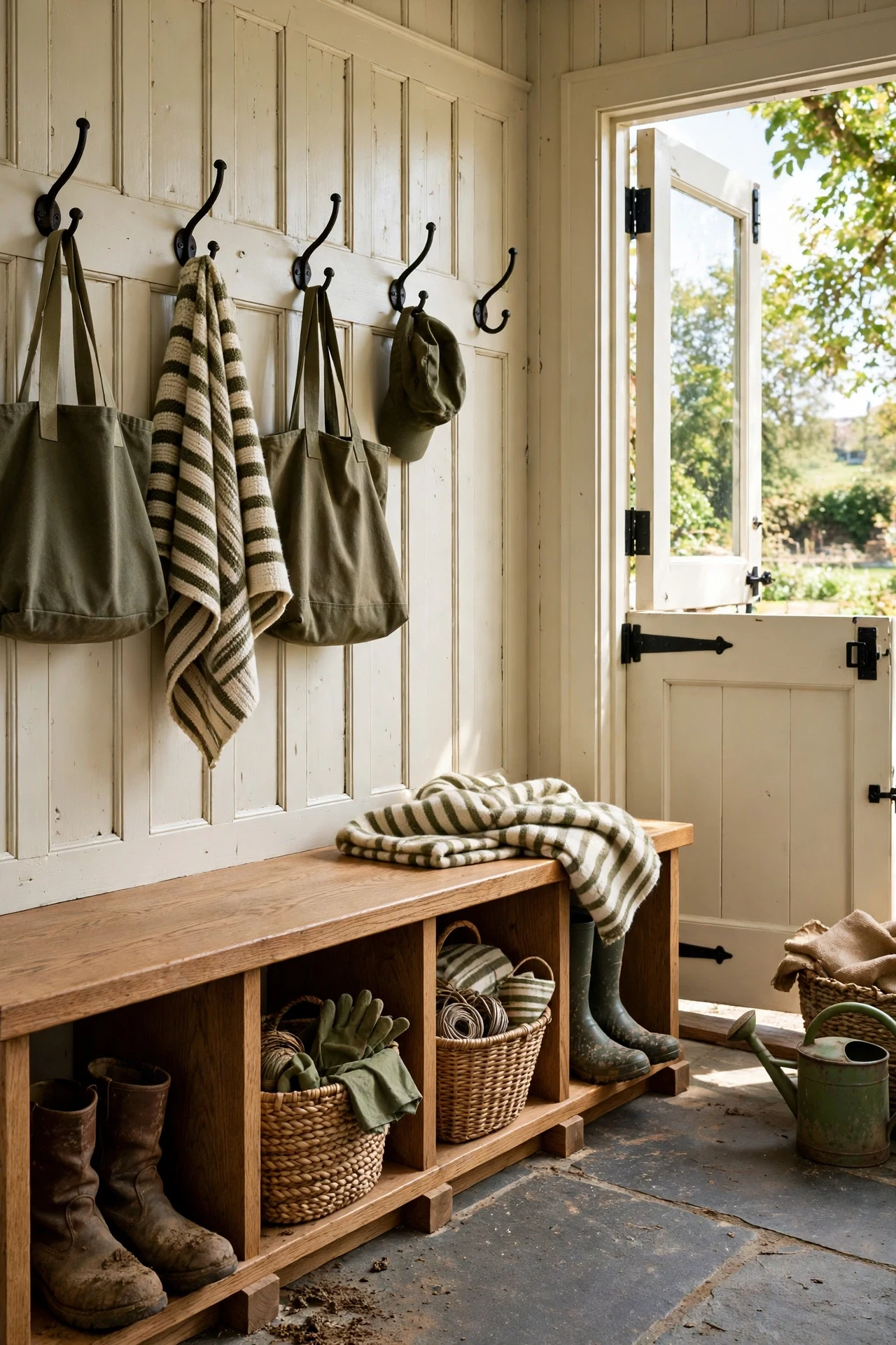 Built-in bench with farmhouse wainscoting in a mudroom with boot cubbies and iron hooks
