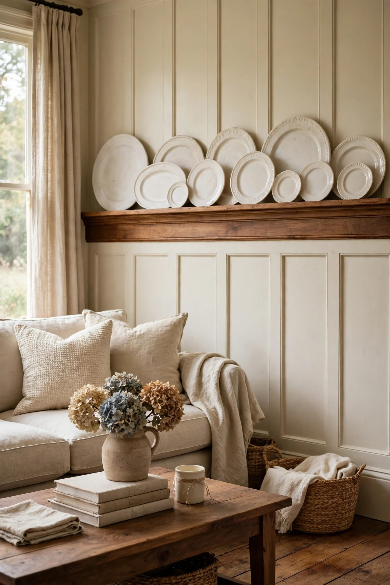 Ironstone plates on a plate rail above cream farmhouse wainscoting in a living room