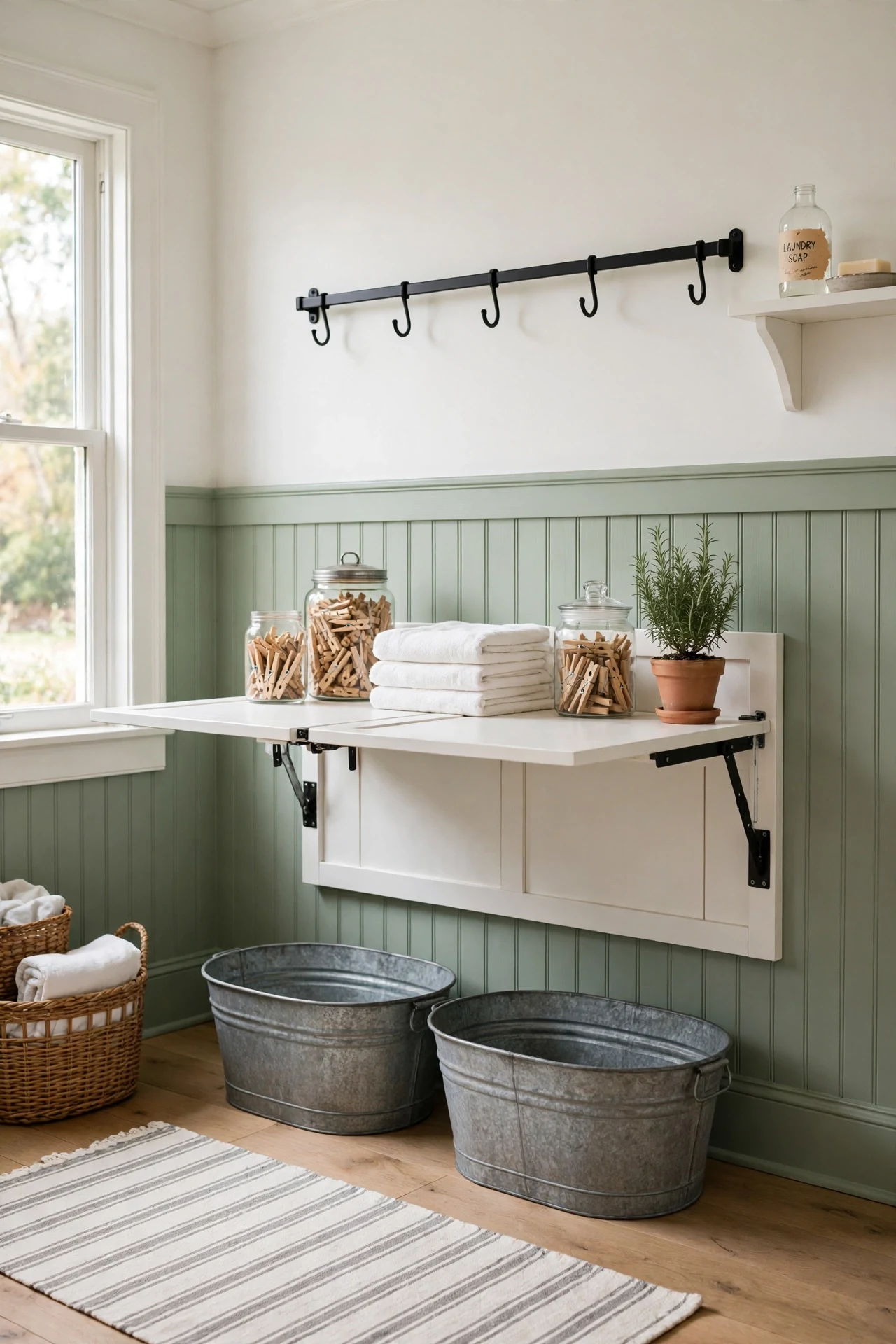 Sage green farmhouse wainscoting in a laundry room with galvanized tubs and a folding counter