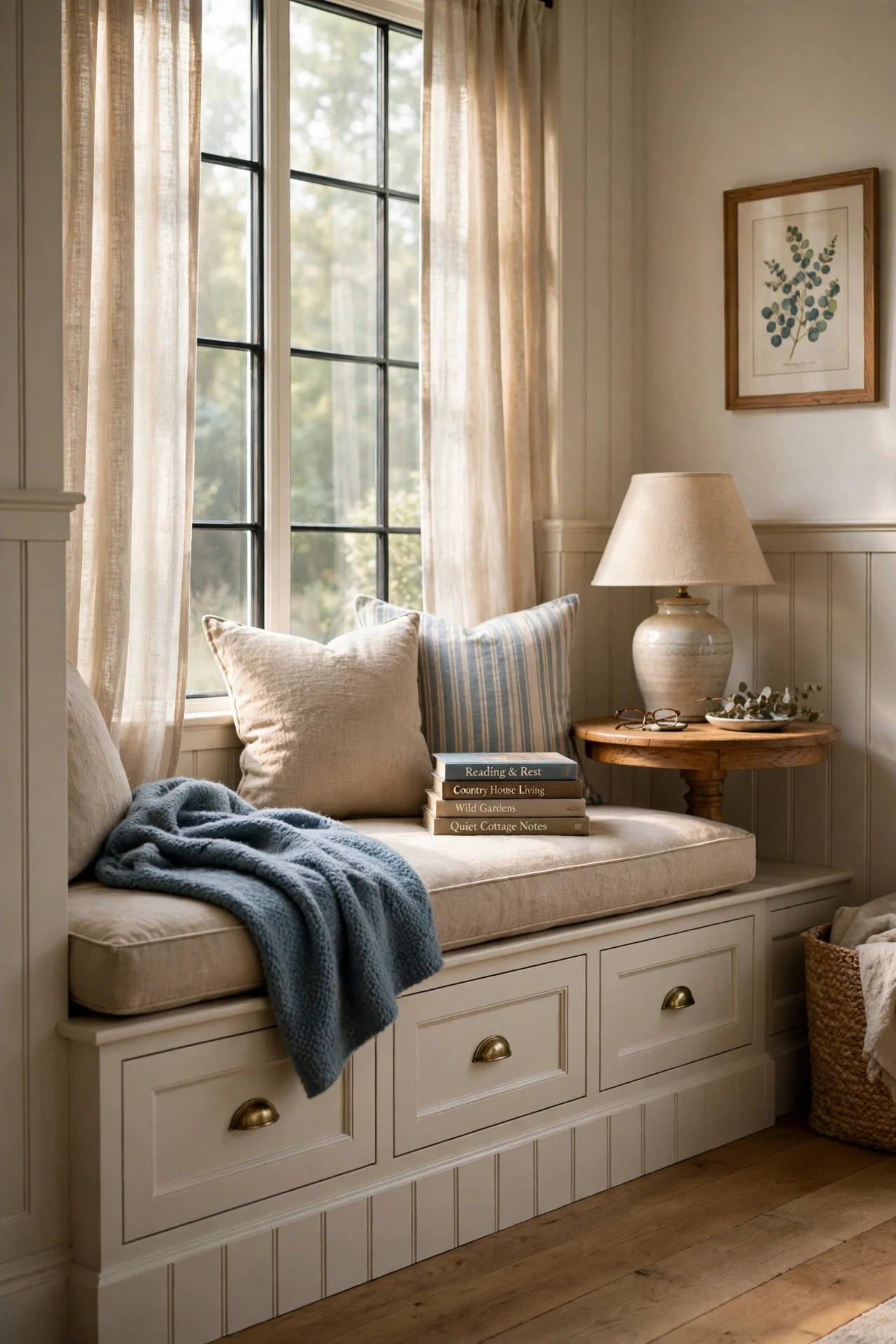 Window seat framed by farmhouse wainscoting in a bedroom reading corner with linen cushions