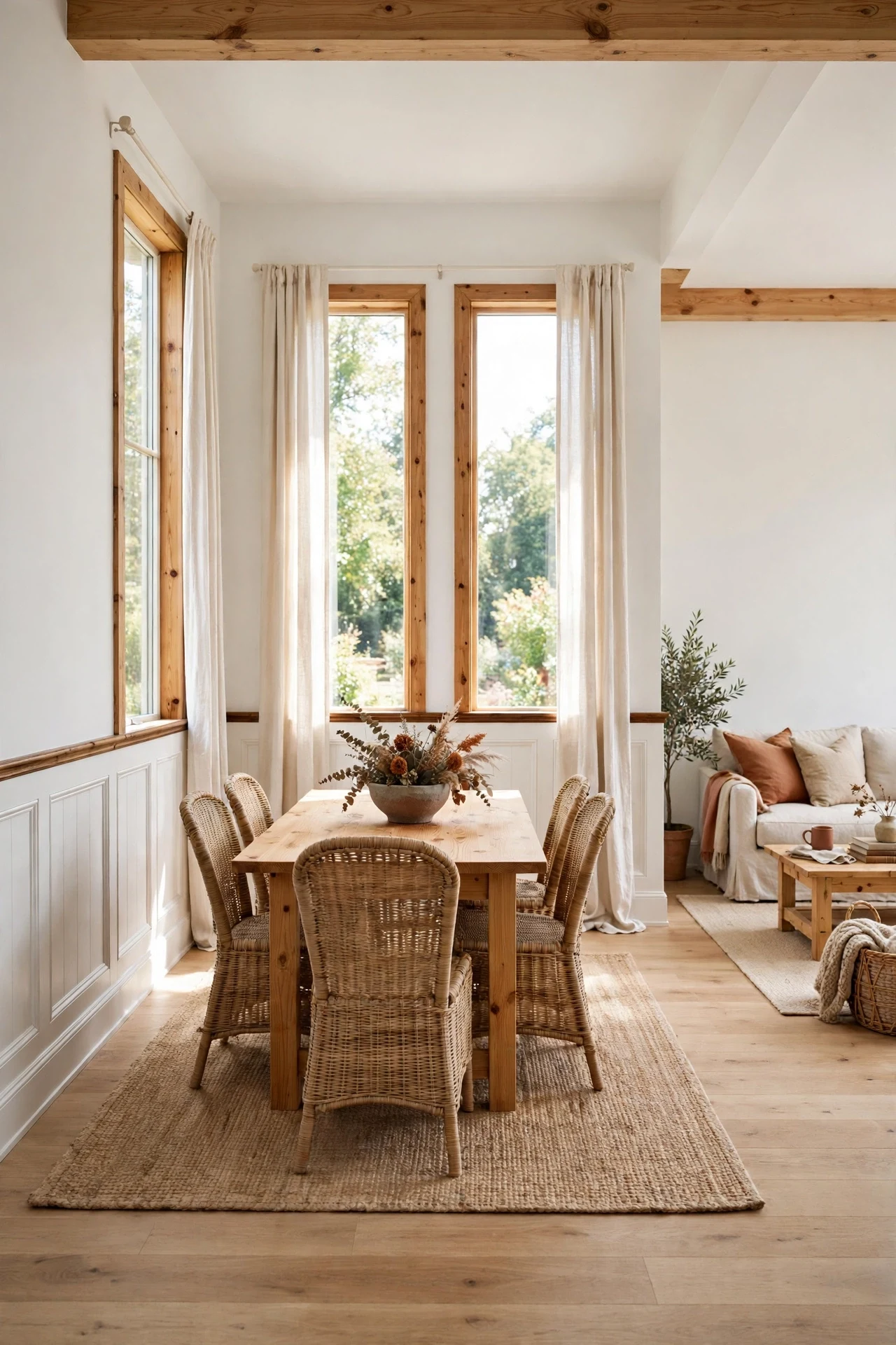 Farmhouse wainscoting zoning the dining area of an open-plan living space