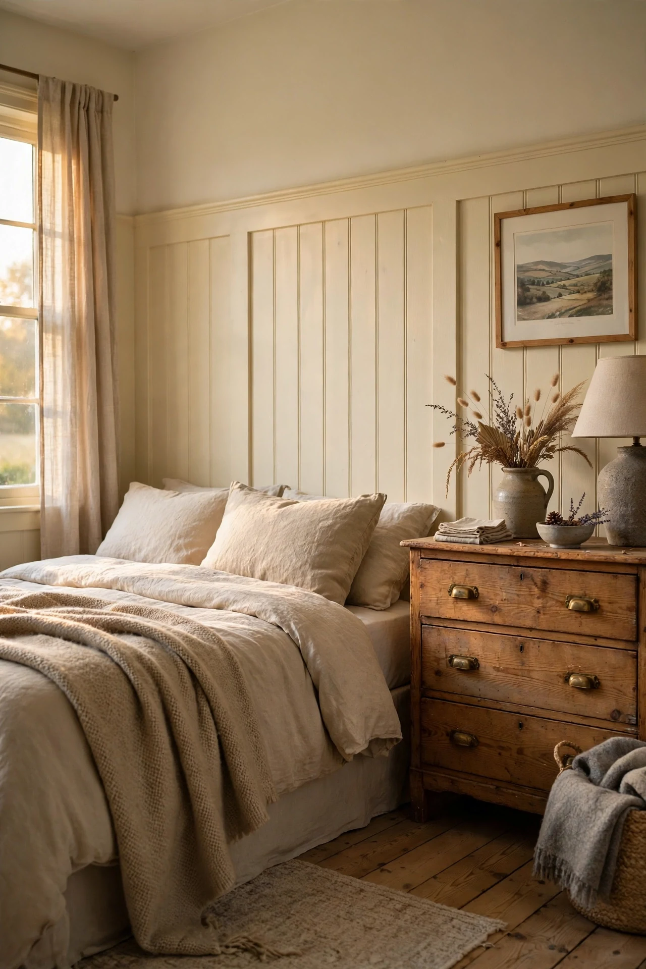 Buttery cream farmhouse wainscoting in a bedroom with linen bedding and a pine dresser