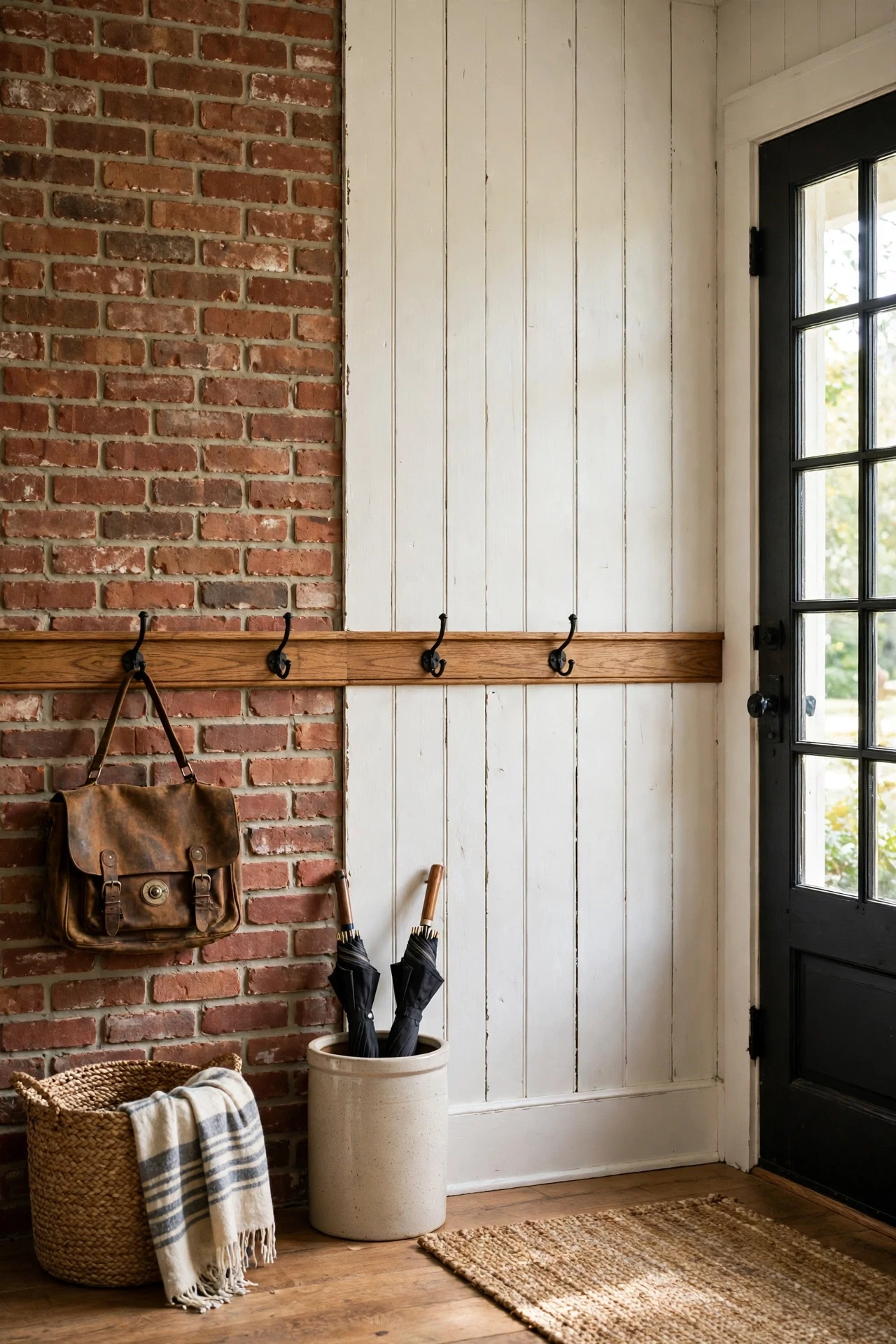 Brick and board farmhouse wainscoting in an entryway with iron hooks and an oak rail