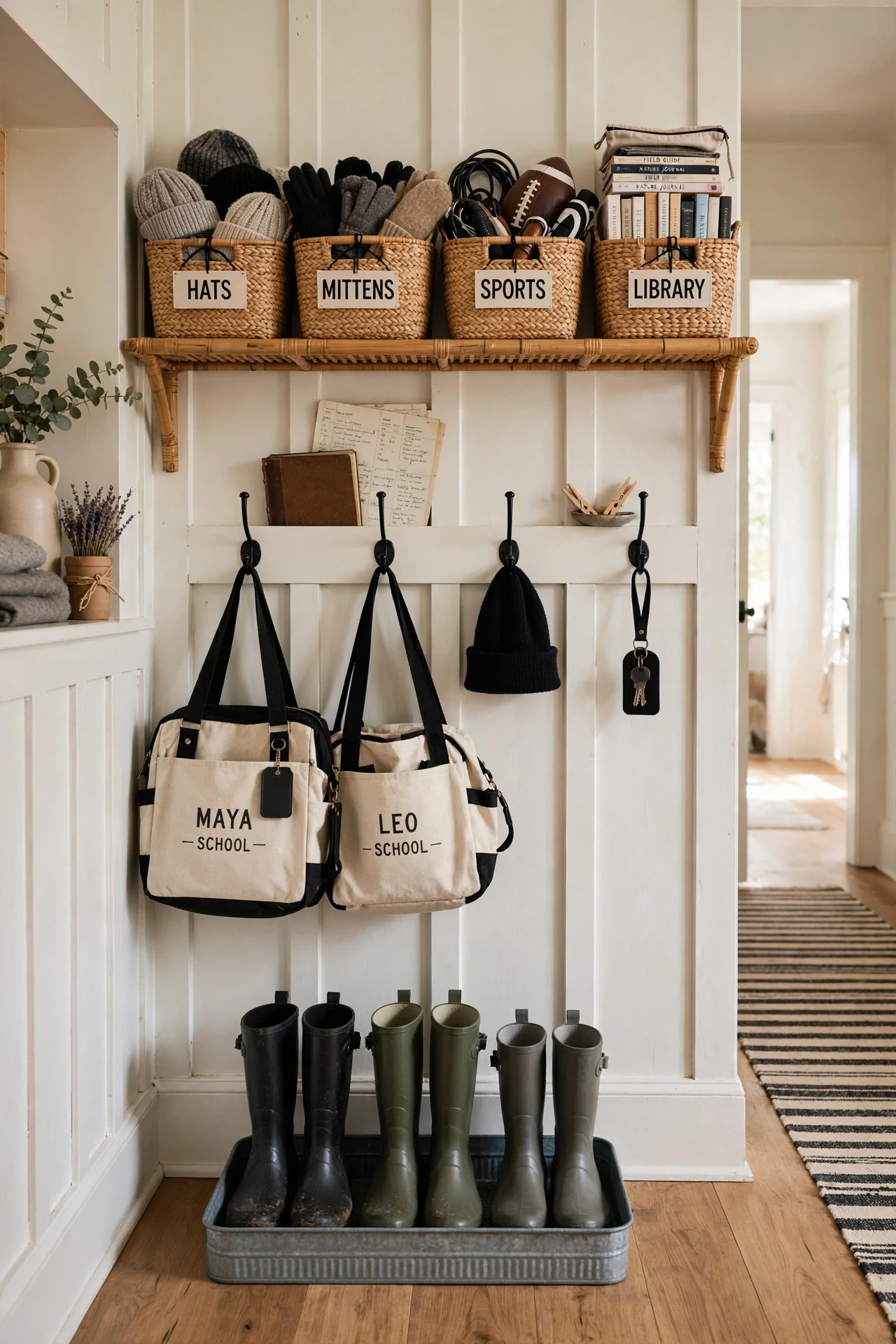 Hooks and baskets on farmhouse wainscoting in a family hallway drop zone