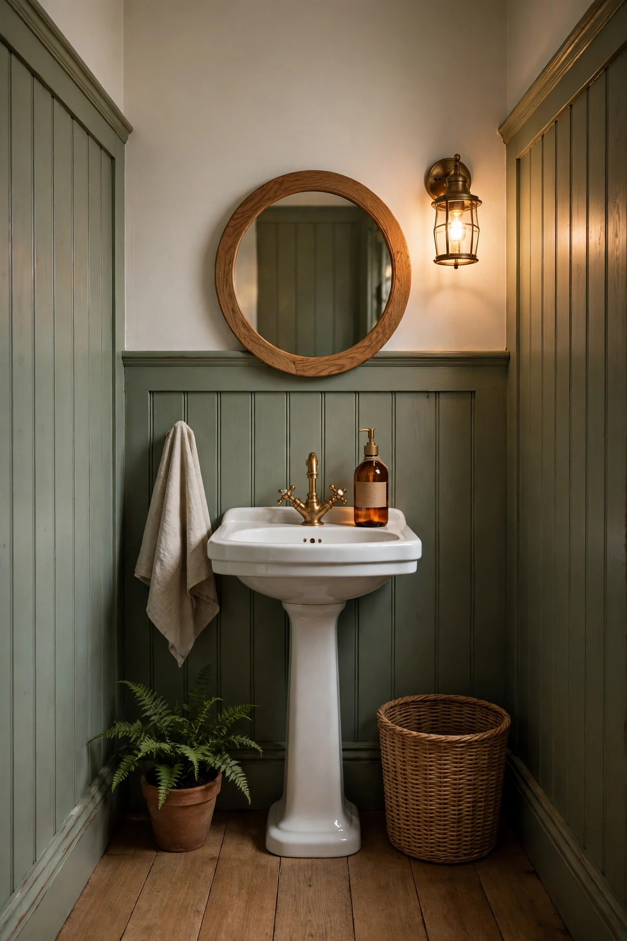 Tall farmhouse wainscoting in a tiny powder room with a pedestal sink and round mirror