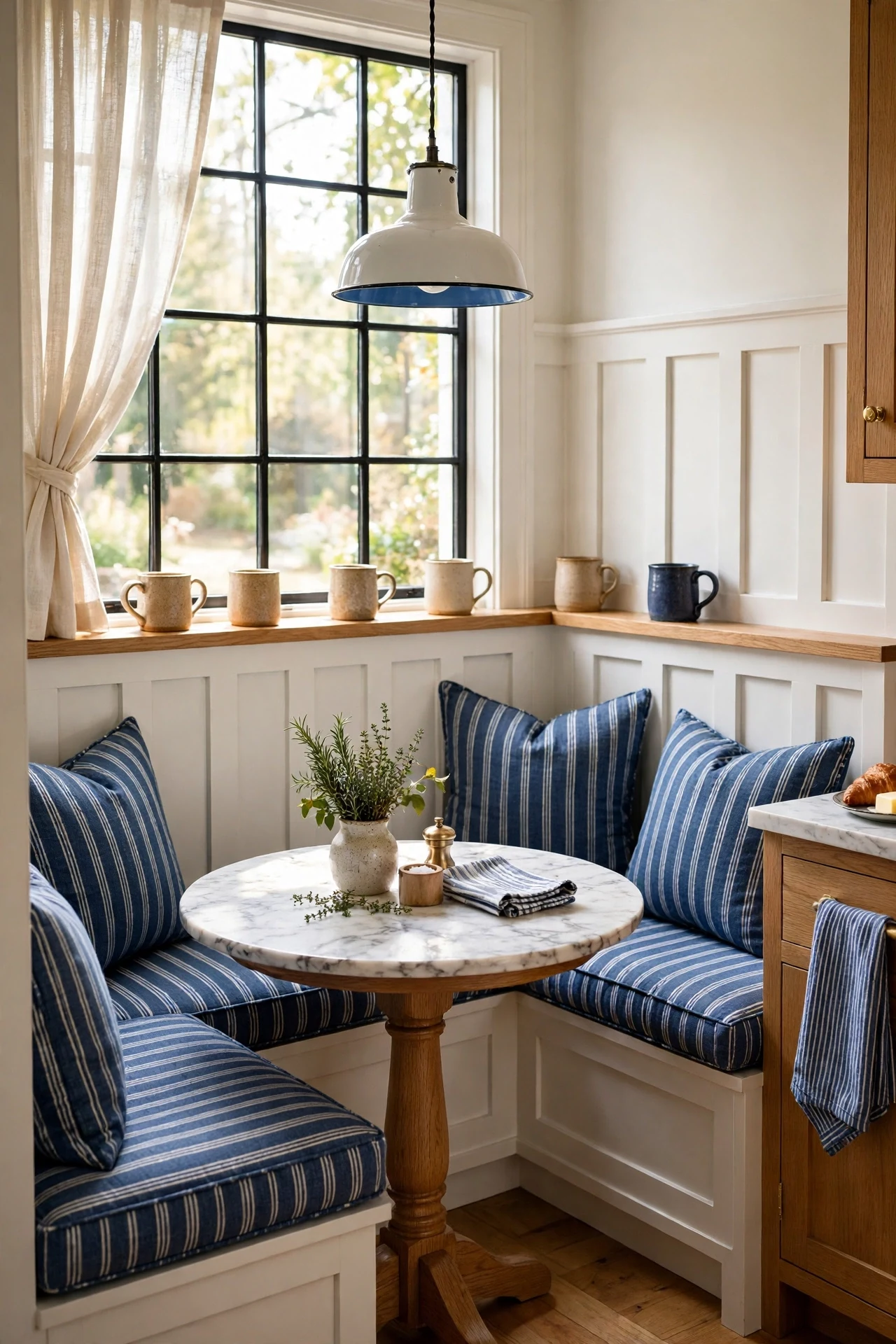 Banquette backed by board-and-batten farmhouse wainscoting in a kitchen corner
