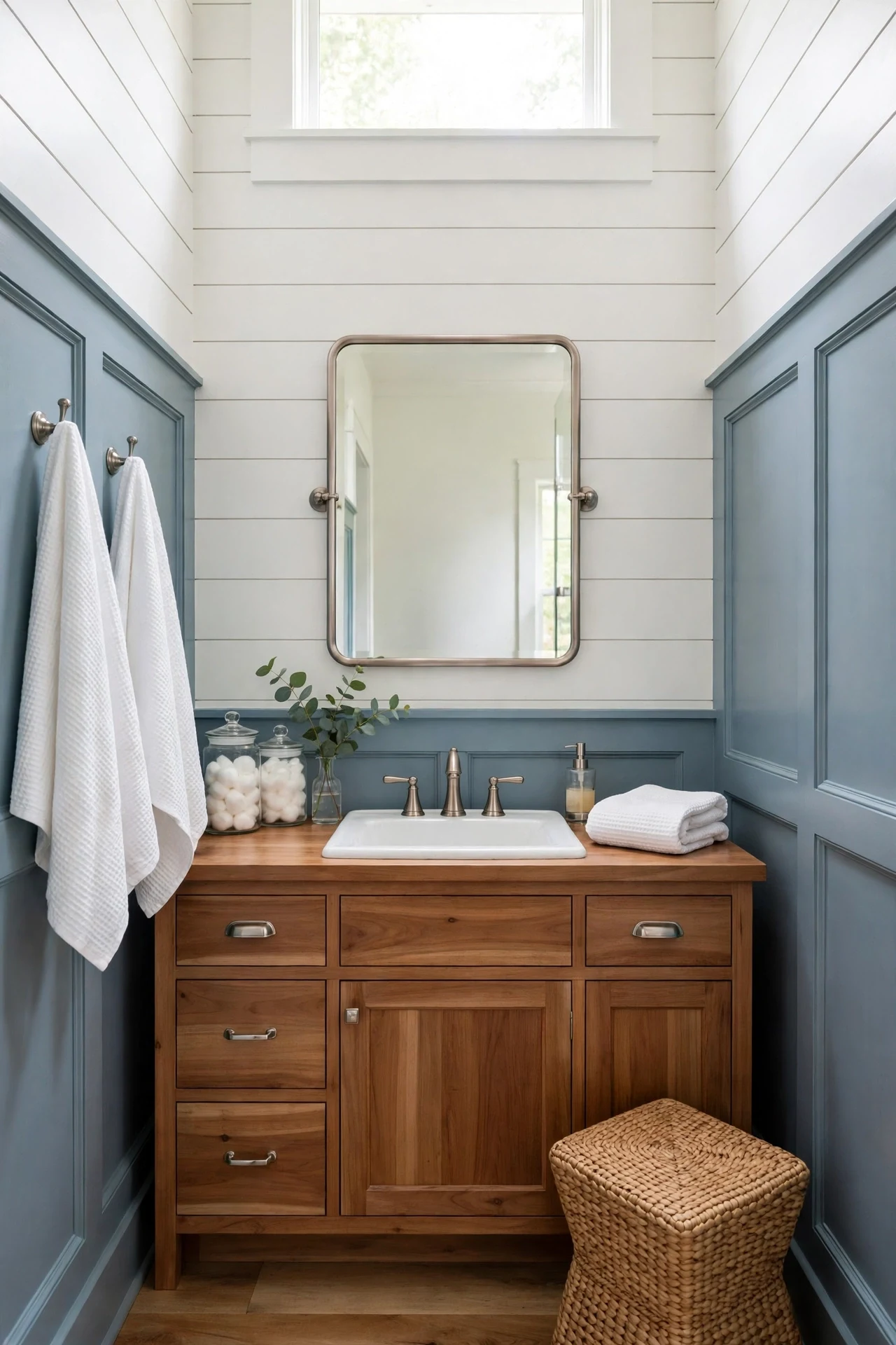 Dusty blue farmhouse wainscoting in a guest bathroom with a white sink