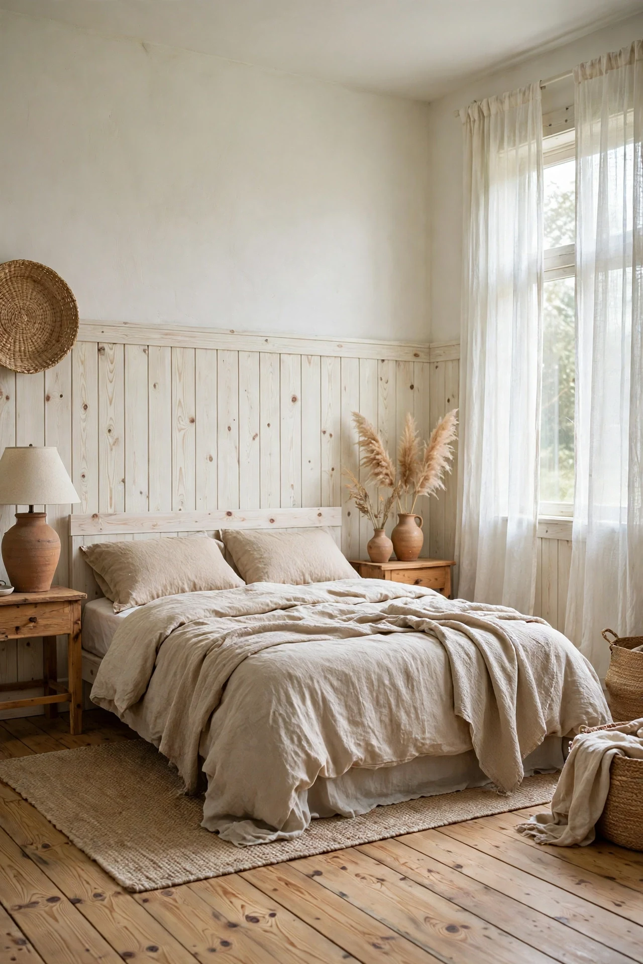 Limewashed pine farmhouse wainscoting in a primary bedroom with linen bedding