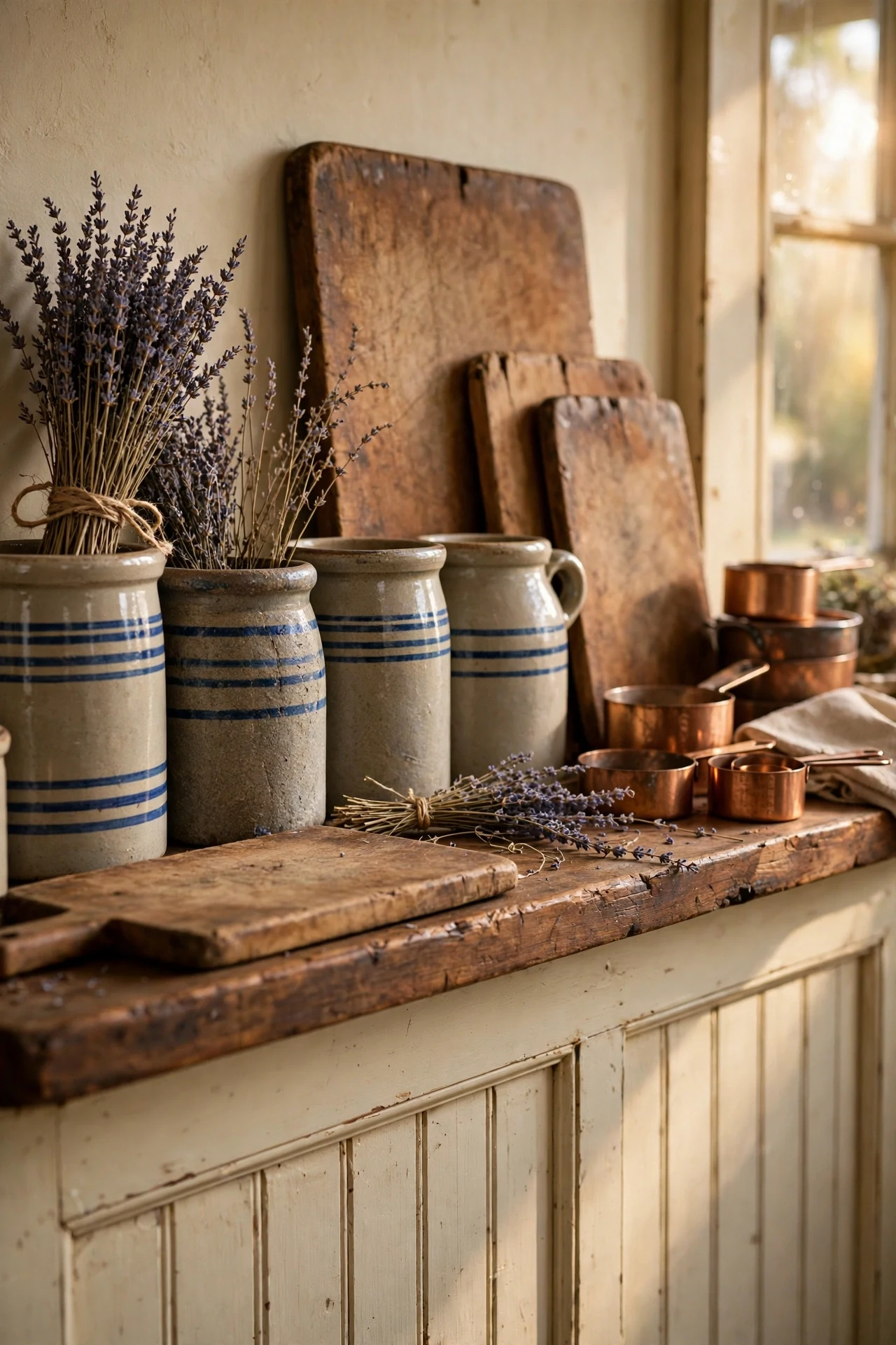Vintage crocks and cutting boards displayed on a rail over farmhouse kitchen wainscoting