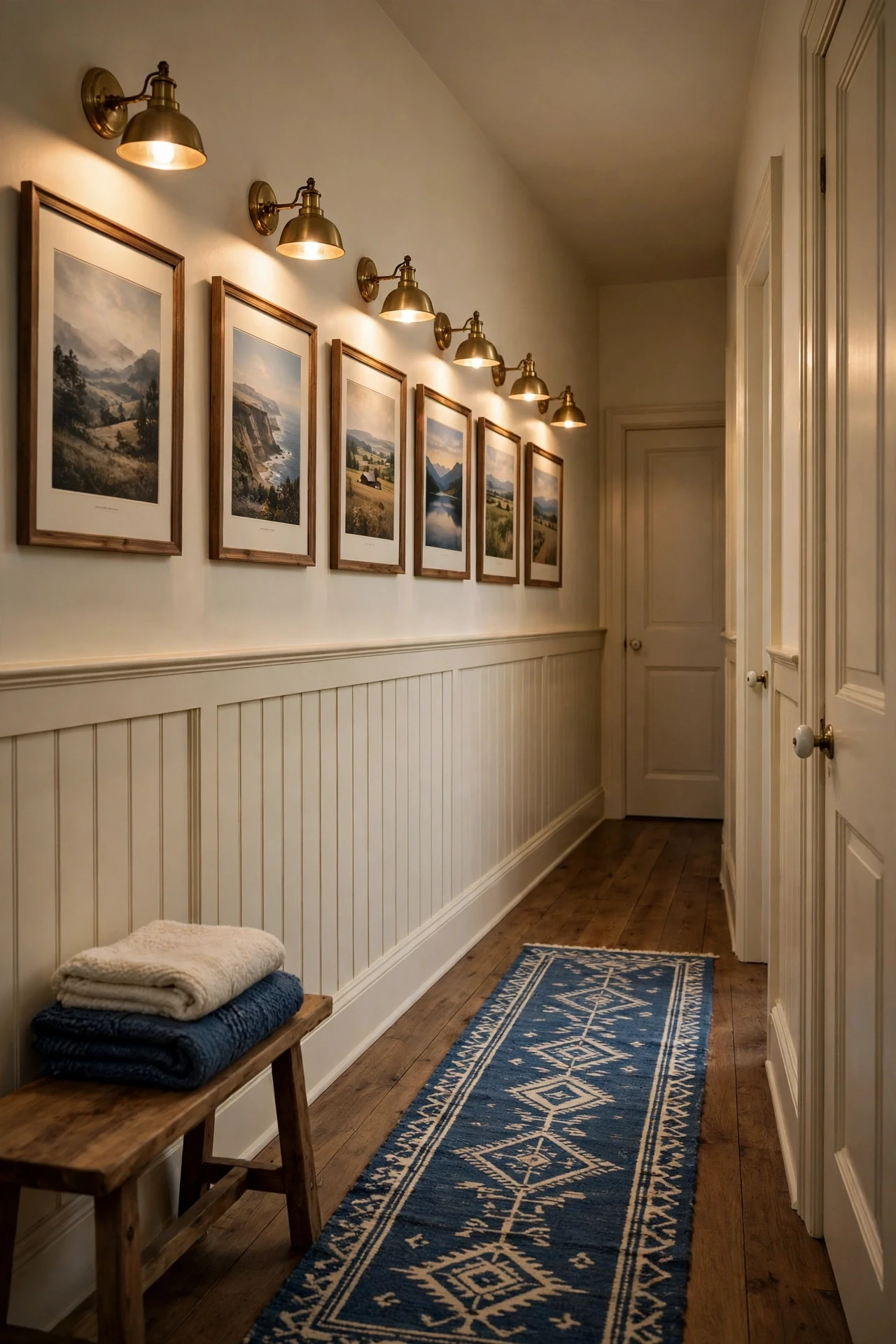 Picture lights over farmhouse wainscoting in a hallway with framed landscape prints