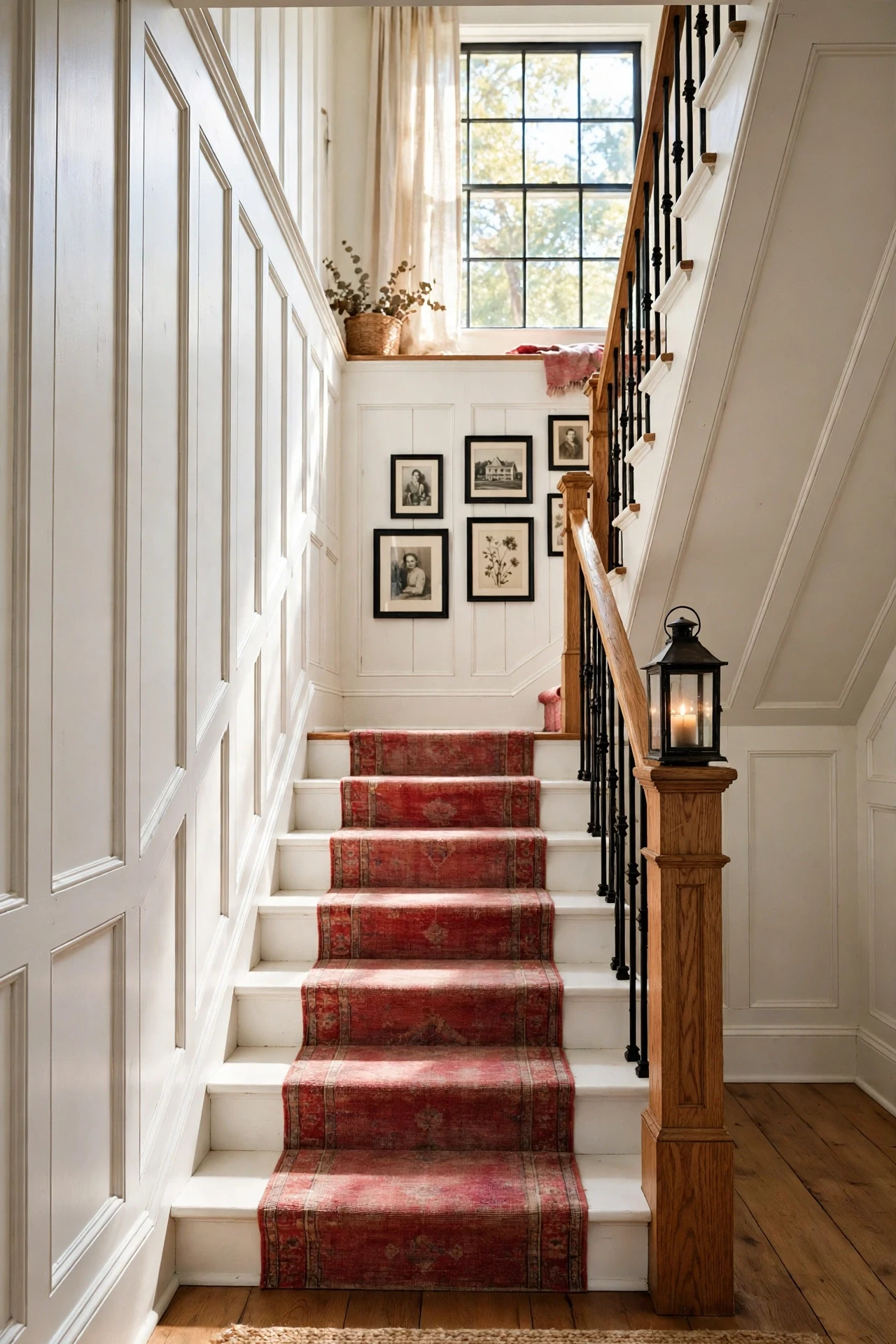 Farmhouse wainscoting following the rake of a staircase with an oak handrail