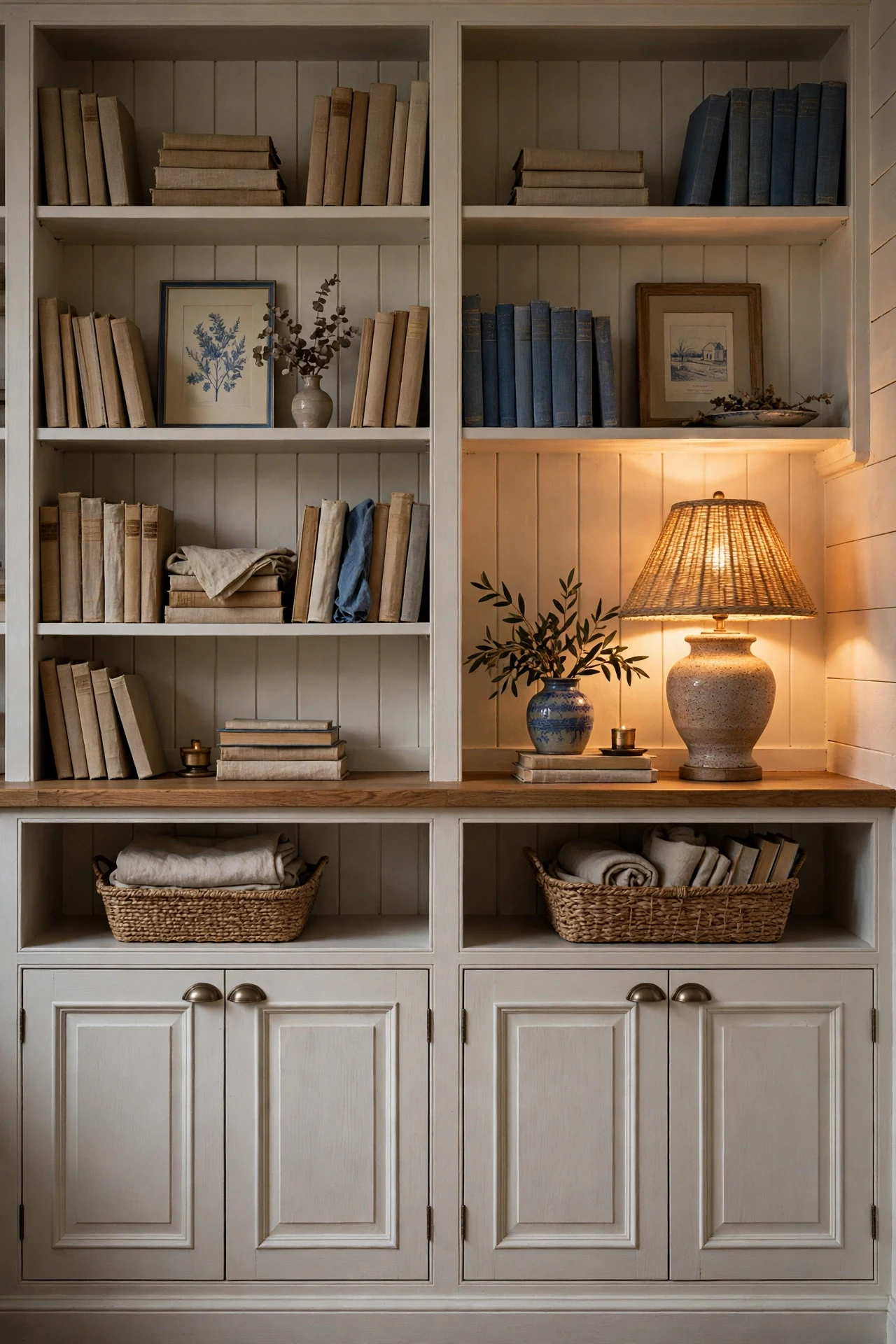 Bookcase wall with farmhouse wainscoting panels on cabinets and shelf backs in a living room