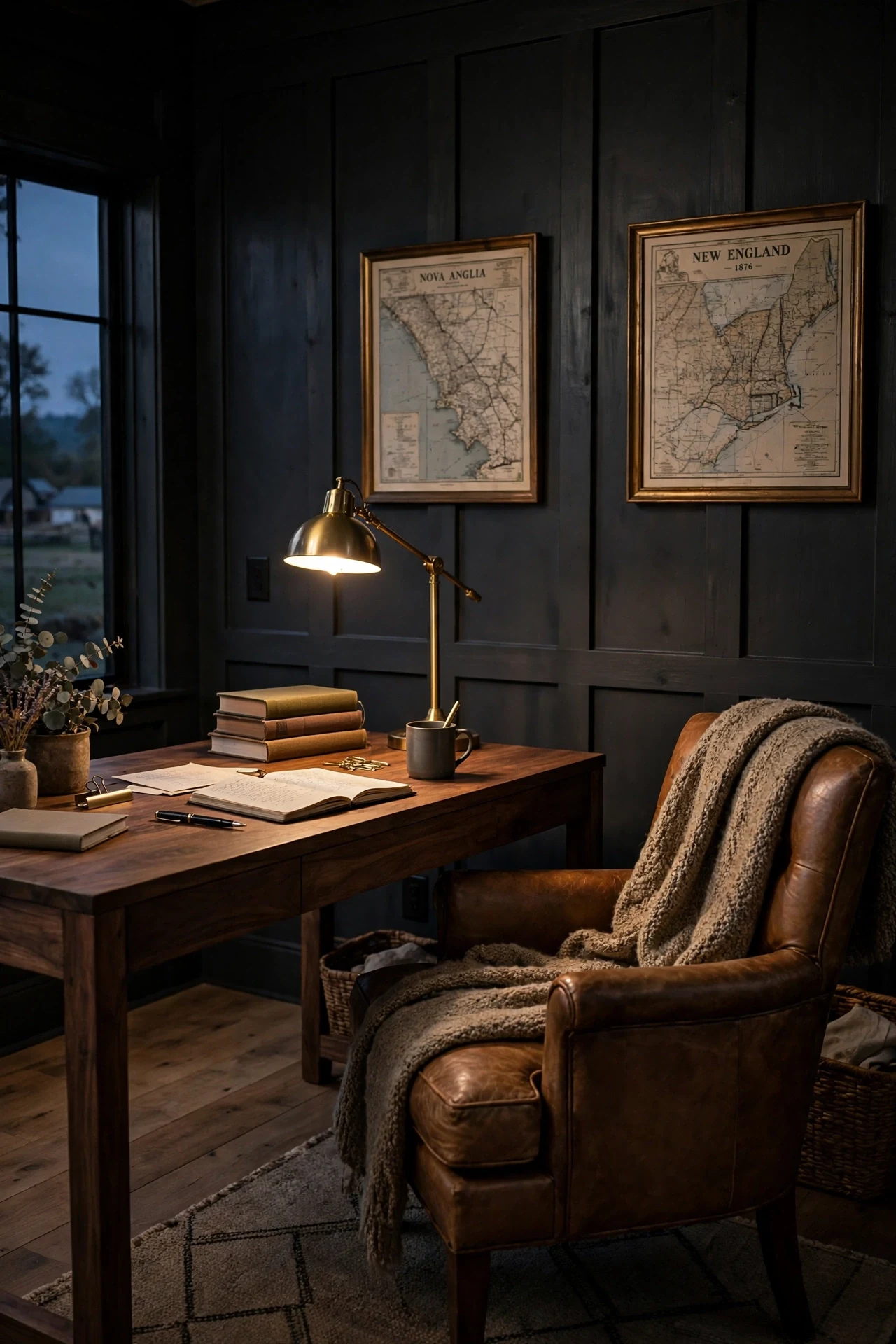 Charcoal farmhouse wainscoting in a home office with a walnut desk and leather chair