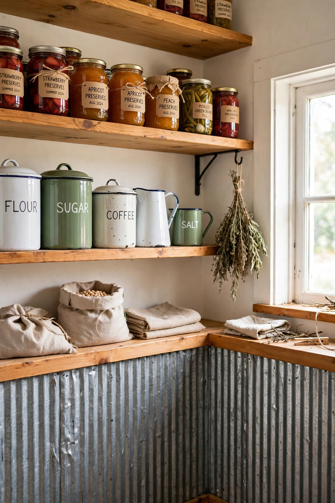 Corrugated tin farmhouse wainscoting in a pantry with pine shelves and preserve jars