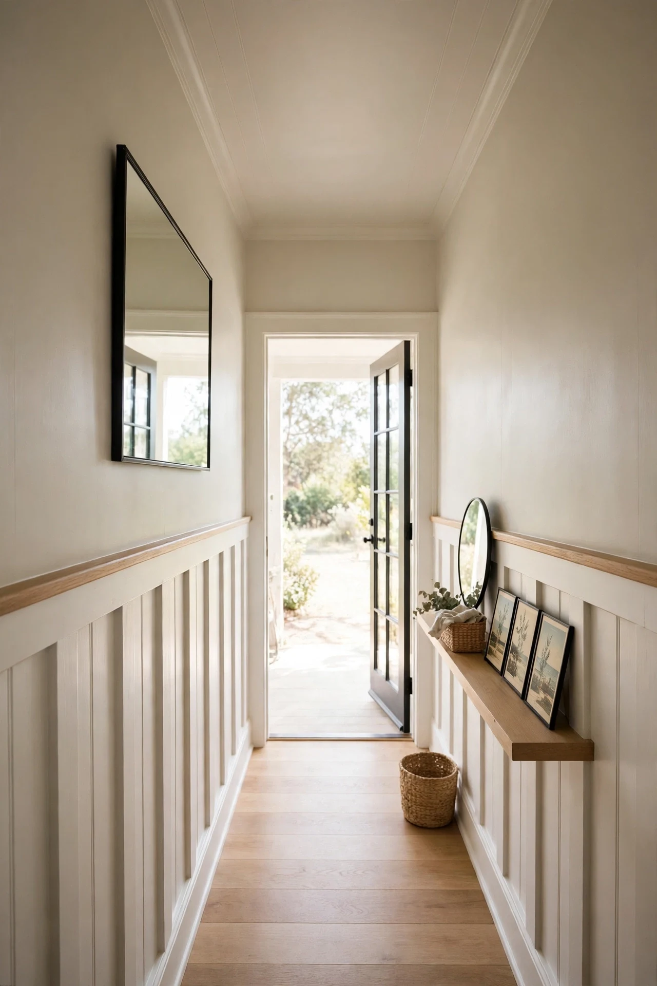 Tall slim farmhouse wainscoting panels borrowing height in a narrow hallway