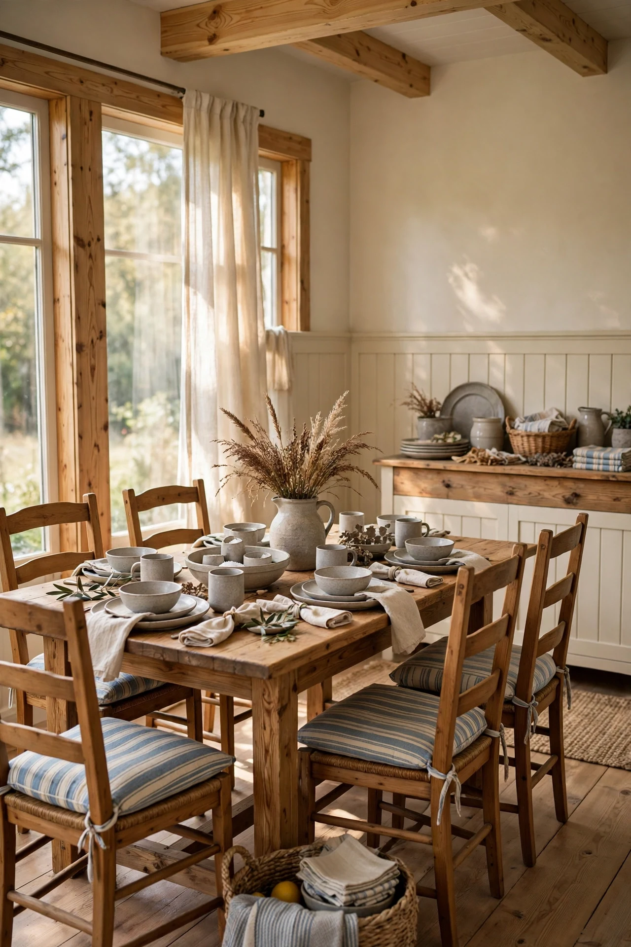Grain-sack cushions and stoneware layered over farmhouse wainscoting in a dining room