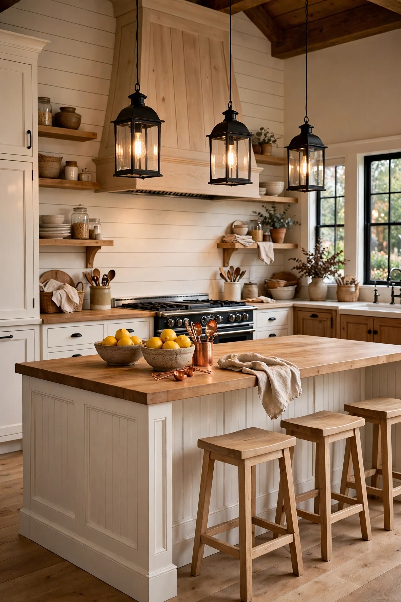 Lantern pendants over a kitchen island clad in farmhouse wainscoting panels