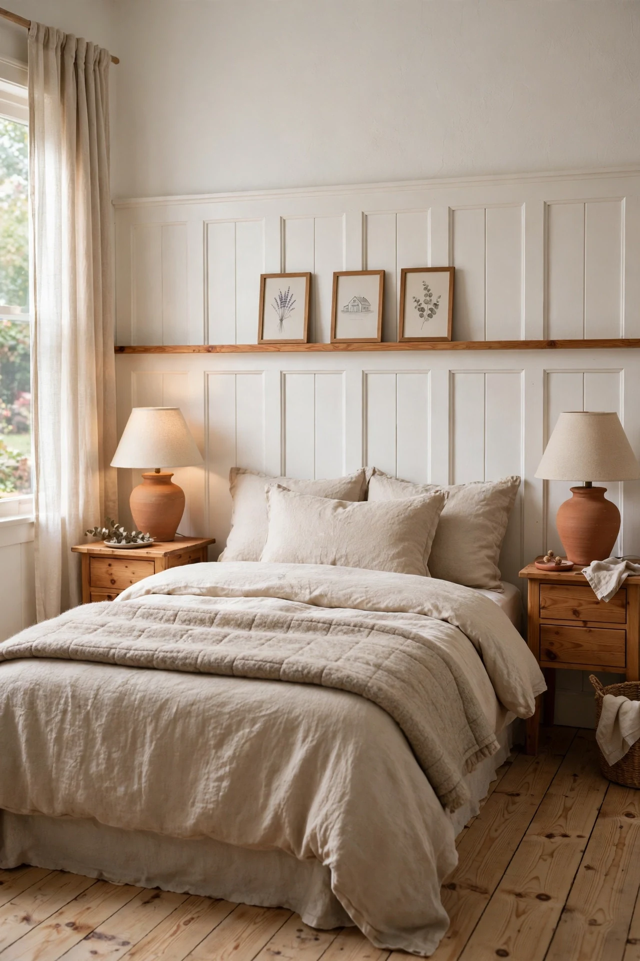 Headboard-height farmhouse wainscoting behind a linen bed in a guest bedroom