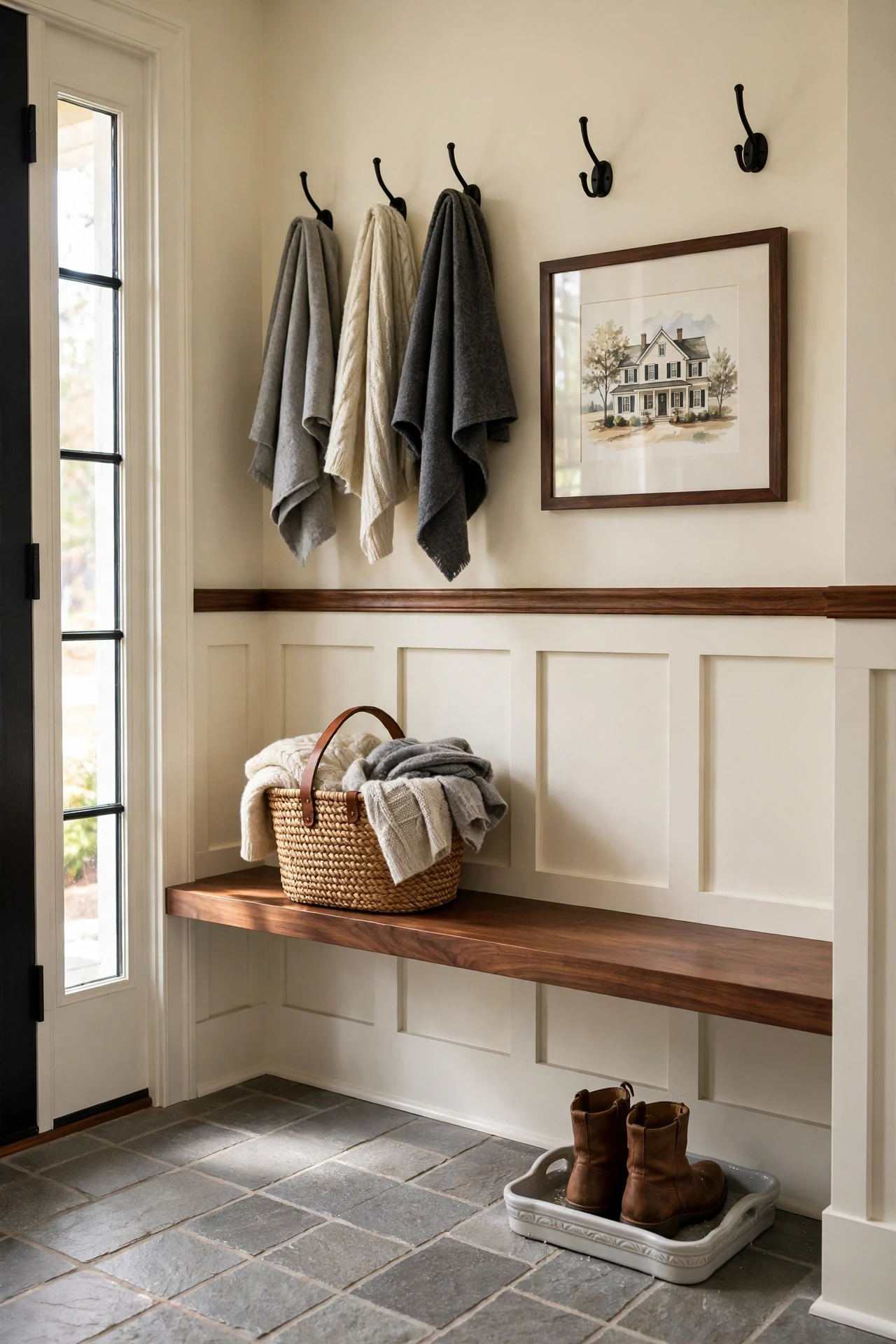 Two-tone cream and walnut farmhouse wainscoting in an entryway with a stained rail