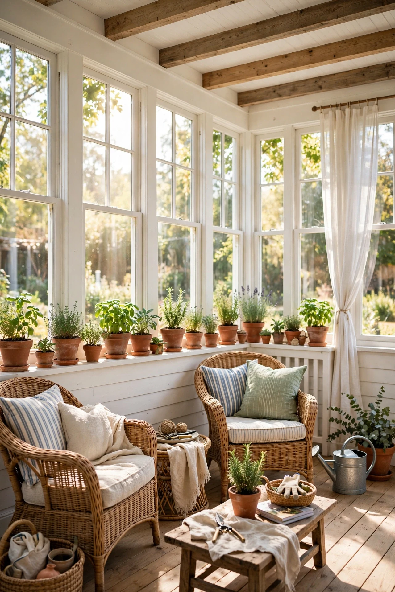 Shiplap farmhouse wainscoting in a sunroom porch with wicker chairs and herb pots