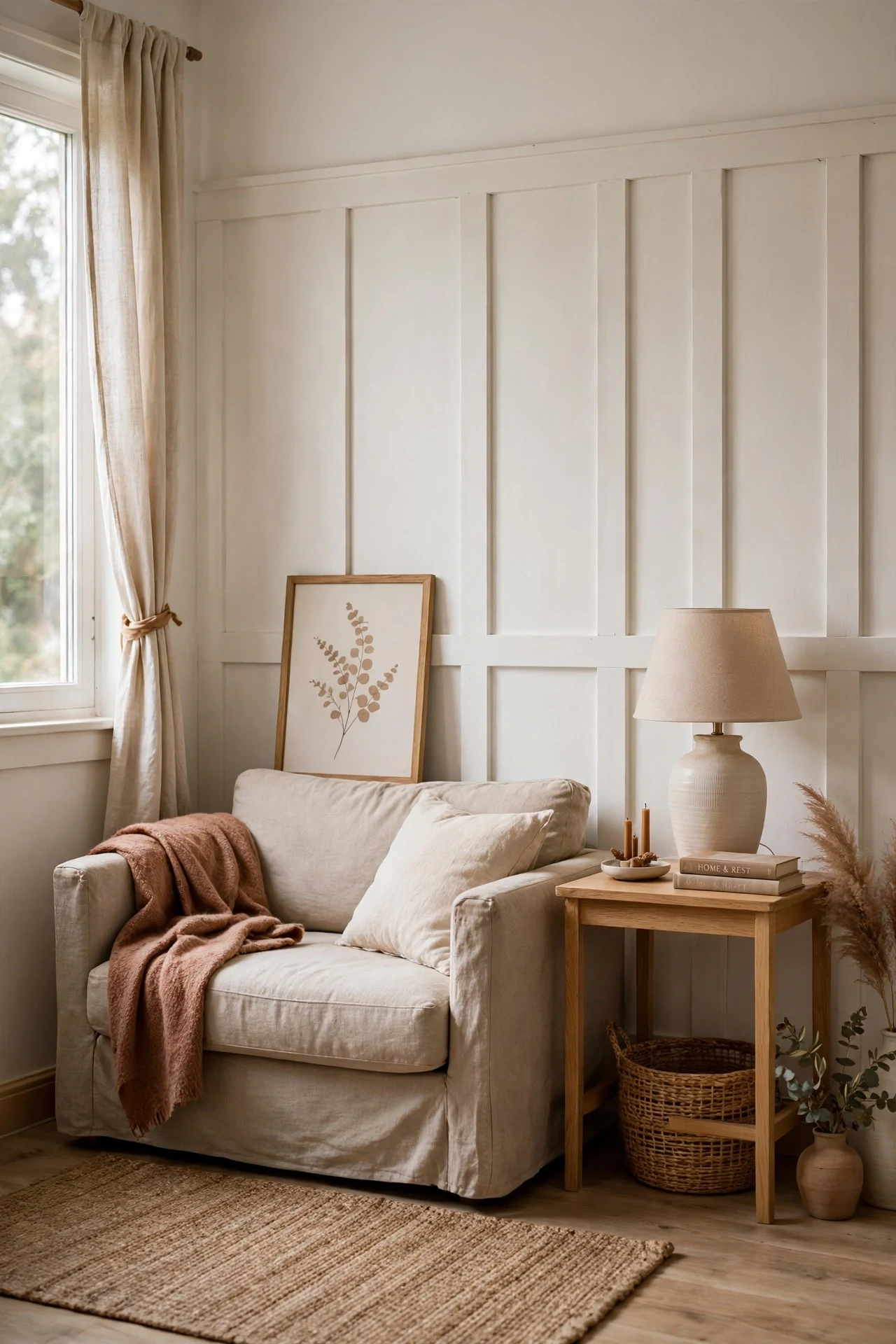 Single wall of farmhouse wainscoting in a compact rental living room with a linen sofa